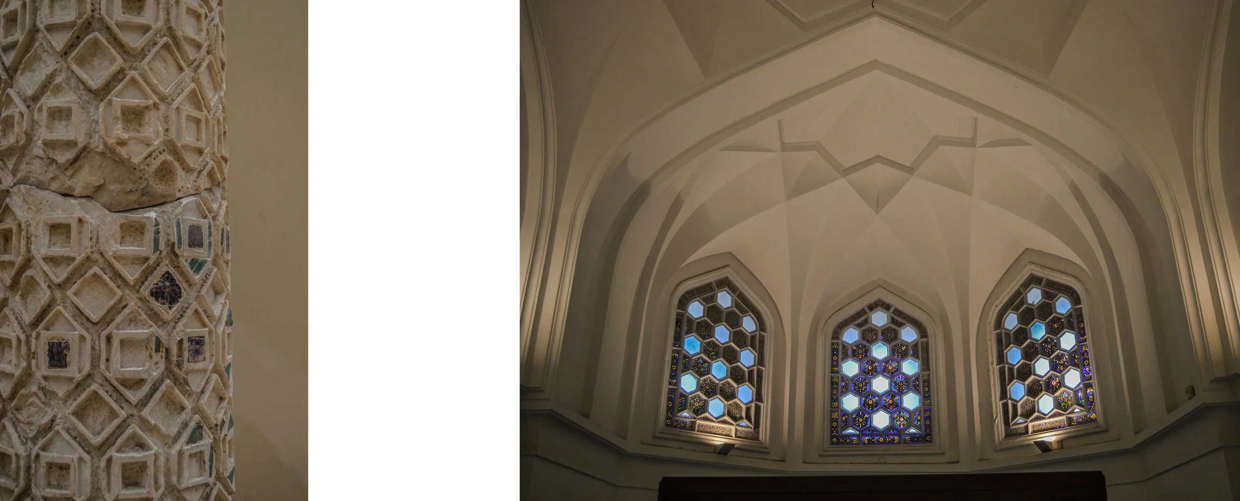 Close-up of intricate stone carvings on a pillar on the left side and a view of the arched ceiling with stained glass windows on the right side.