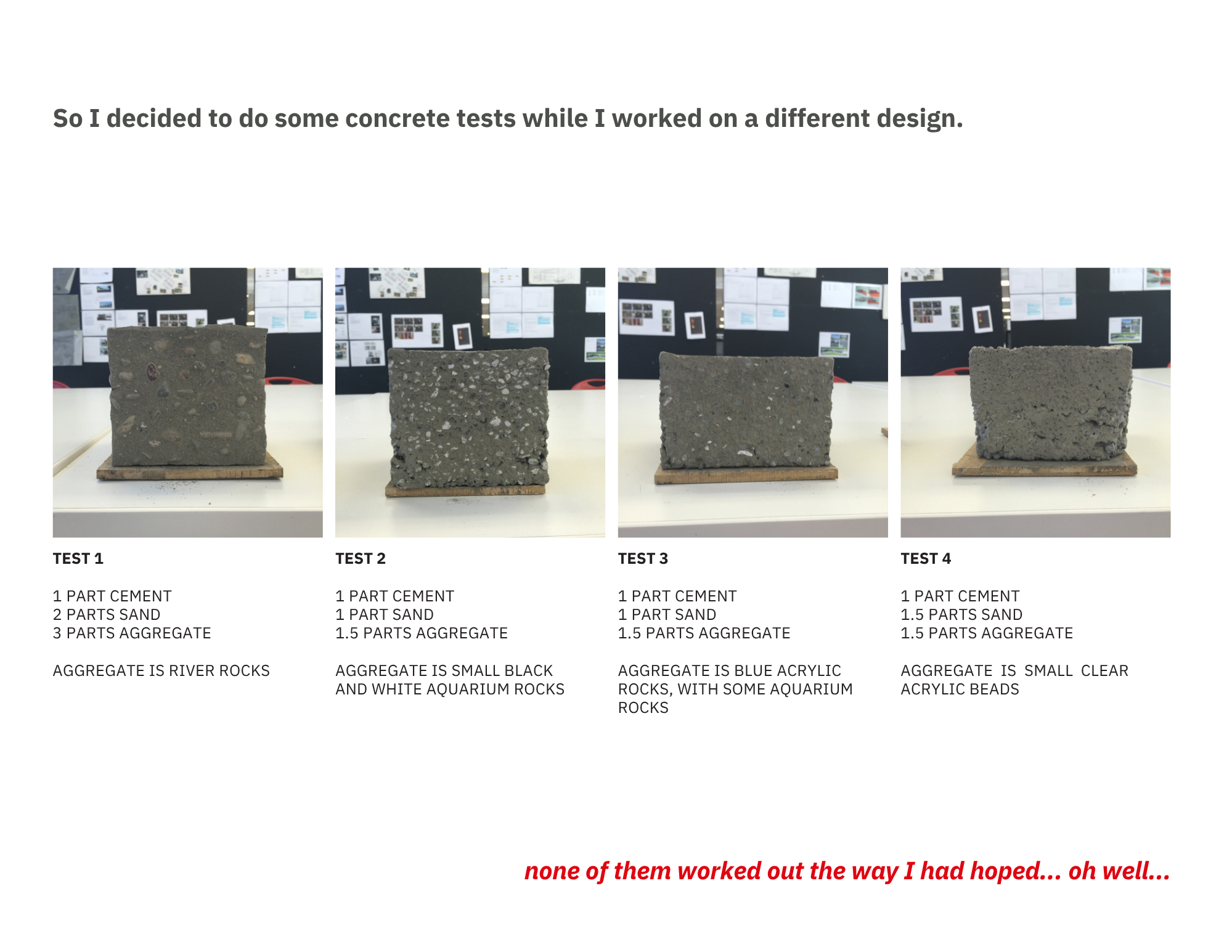 A display of four concrete blocks labeled Test 1, Test 2, Test 3, and Test 4, with different compositions of cement, sand, and aggregate, used for testing concrete strength.
