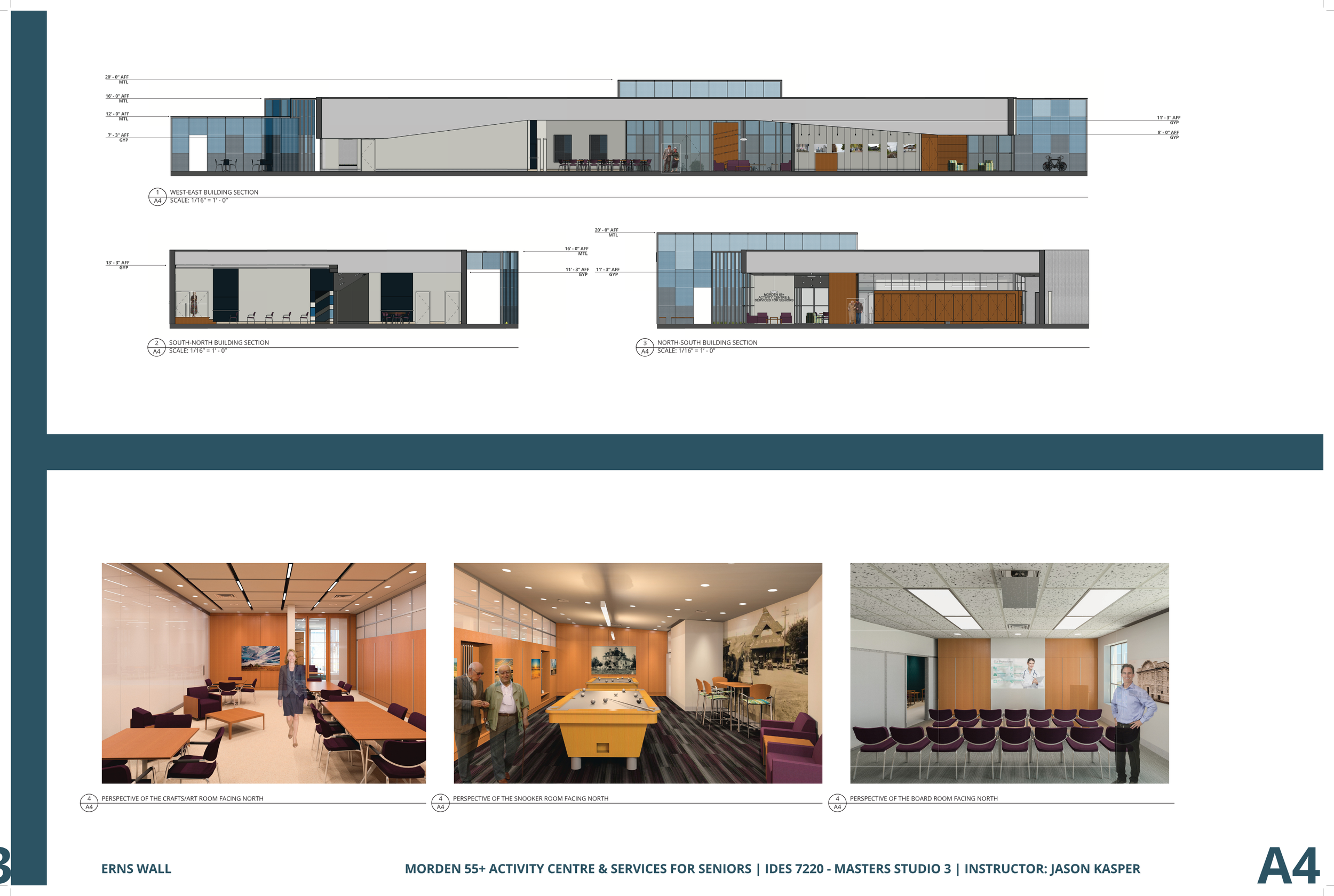 Architectural blueprint of a senior activity center showing building sections and interior rooms like a crafts/art room, snooker room, and board room with people inside.