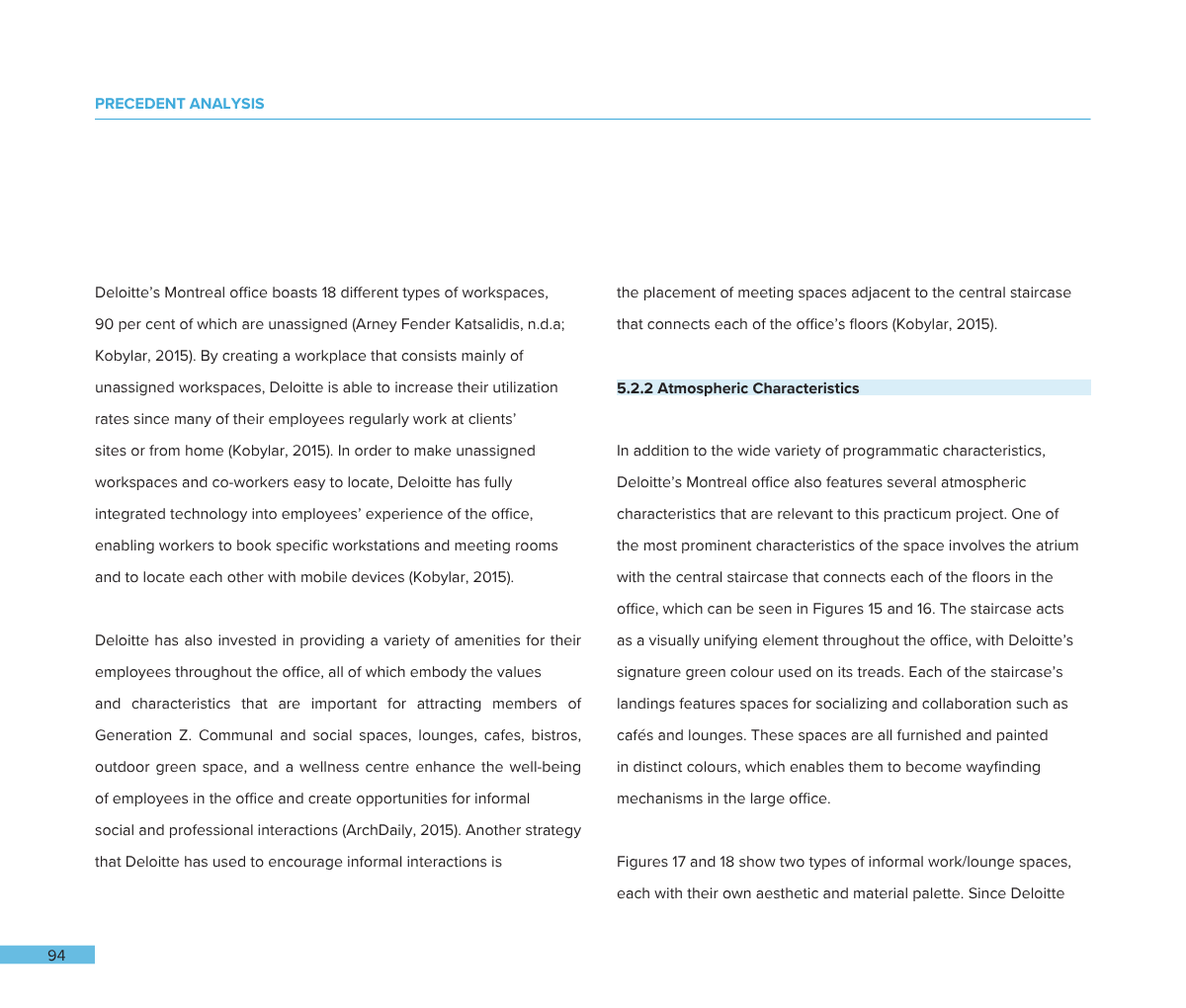 Screenshot of a webpage or document with the title 'Precedent Analysis' and section '5.2.2 Atmospheric Characteristics' with text describing office workspace layouts and features, including meeting spaces, technology integration, amenities, and desig