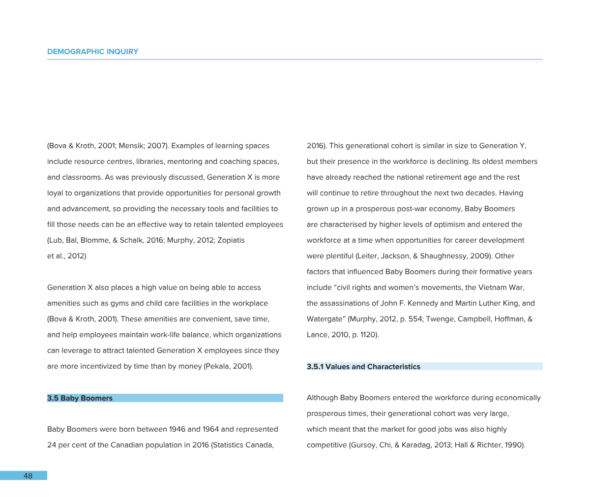 Page from a publication discussing demographics and Baby Boomers, with section headings, references, and text about generational workforce trends.