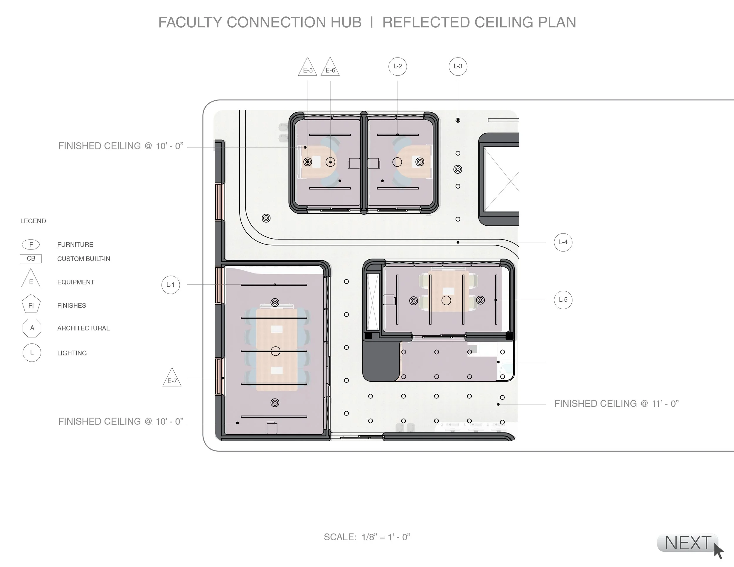 Floor plan of a faculty connection hub showing reflected ceiling details, with labels indicating finished ceiling heights, lighting, furniture, equipment, finishes, and architectural features.