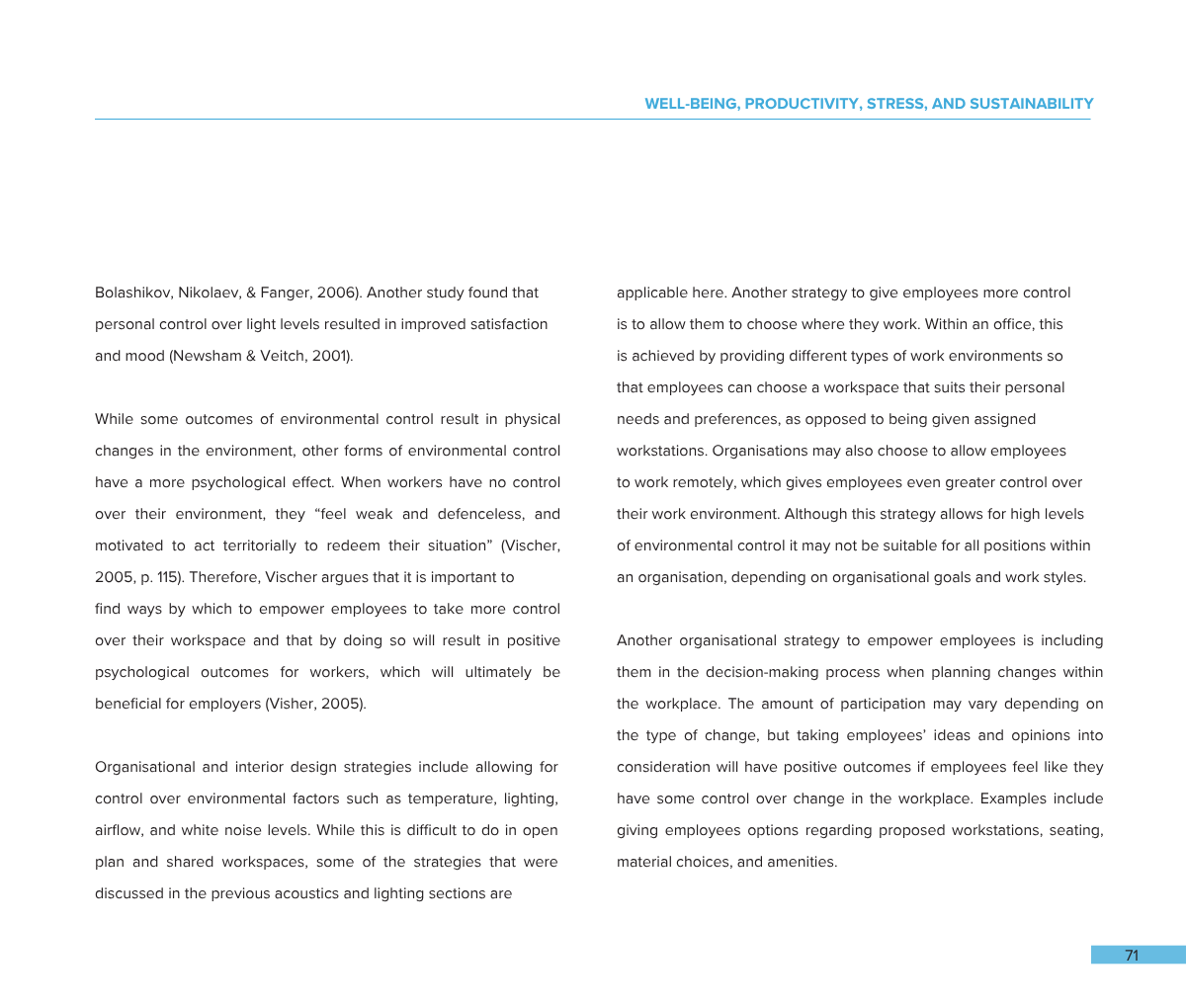A page from a report or book discussing workplace environment strategies, focusing on control over environmental factors and employee empowerment, with a blue header titled 'WELL-BEING, PRODUCTIVITY, STRESS, AND SUSTAINABILITY' at the top.