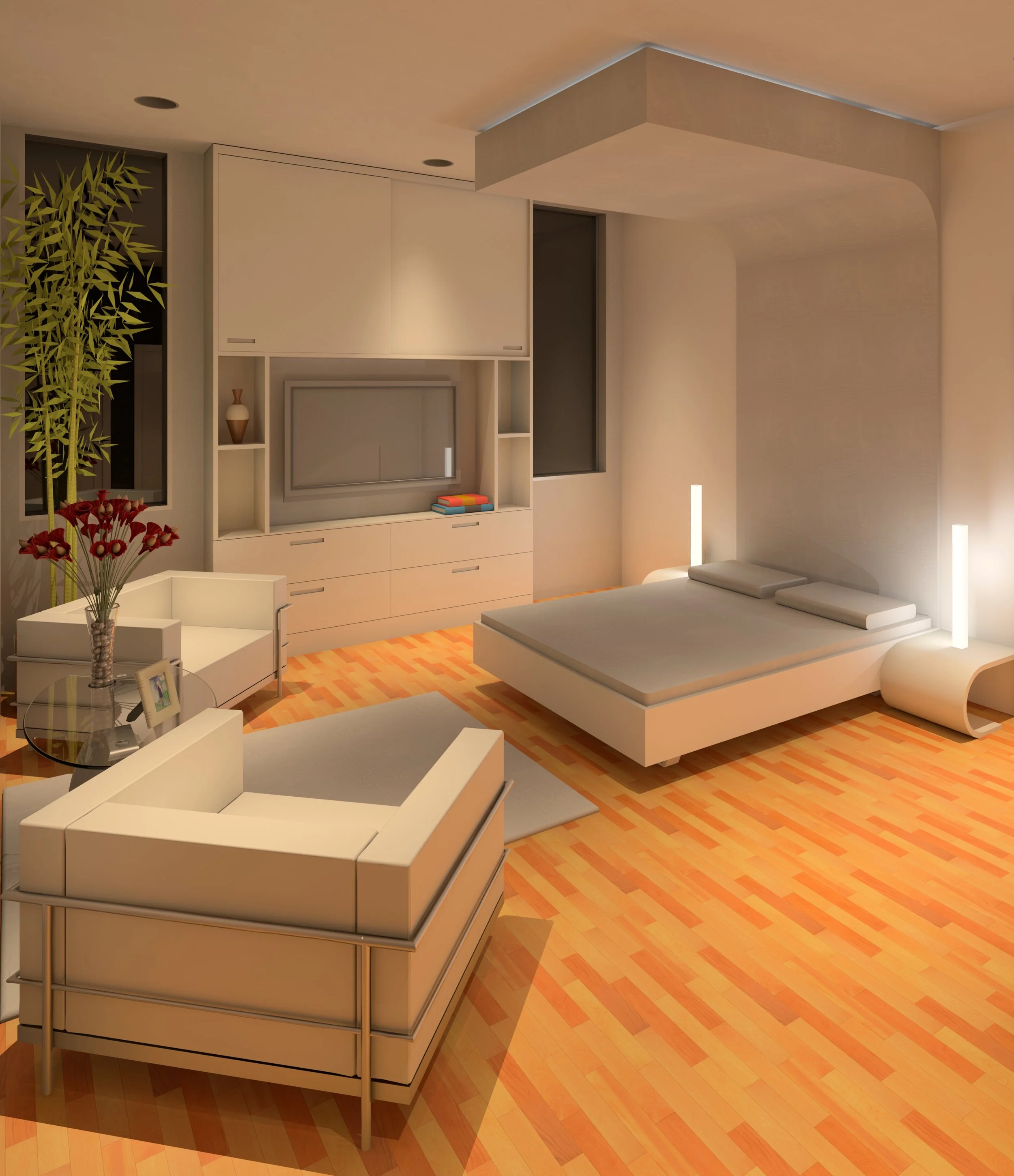 Modern living room with white furniture, a bed, a white and glass coffee table, a built-in wall unit with shelves, a small lamp, a potted plant, and wooden flooring.