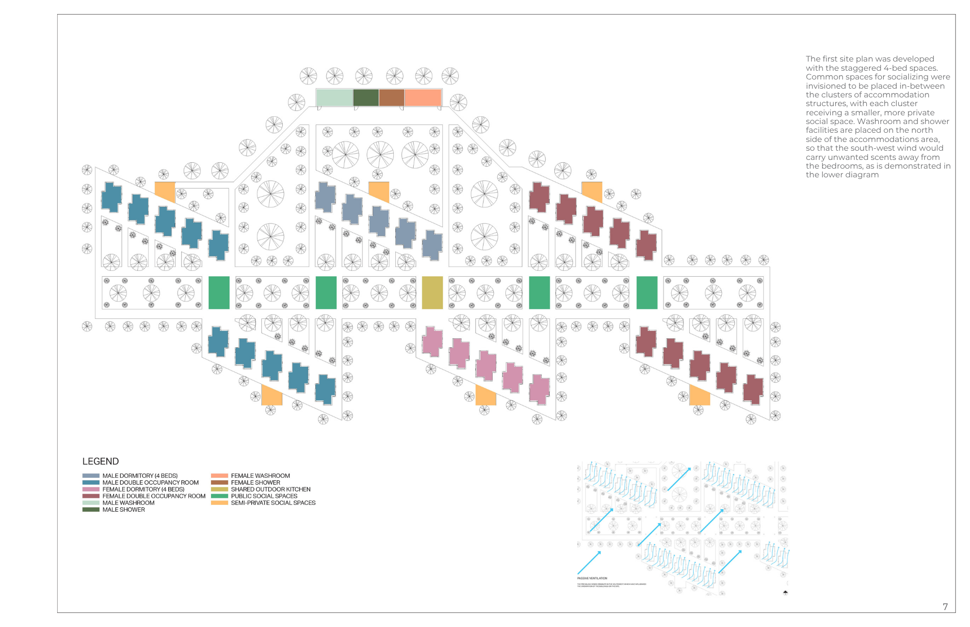 Architectural site plan showing clusters of accommodation structures, social spaces outdoor kitchen, washrooms, and shower facilities, with trees and pathways, and a legend indicating various building types and social spaces.