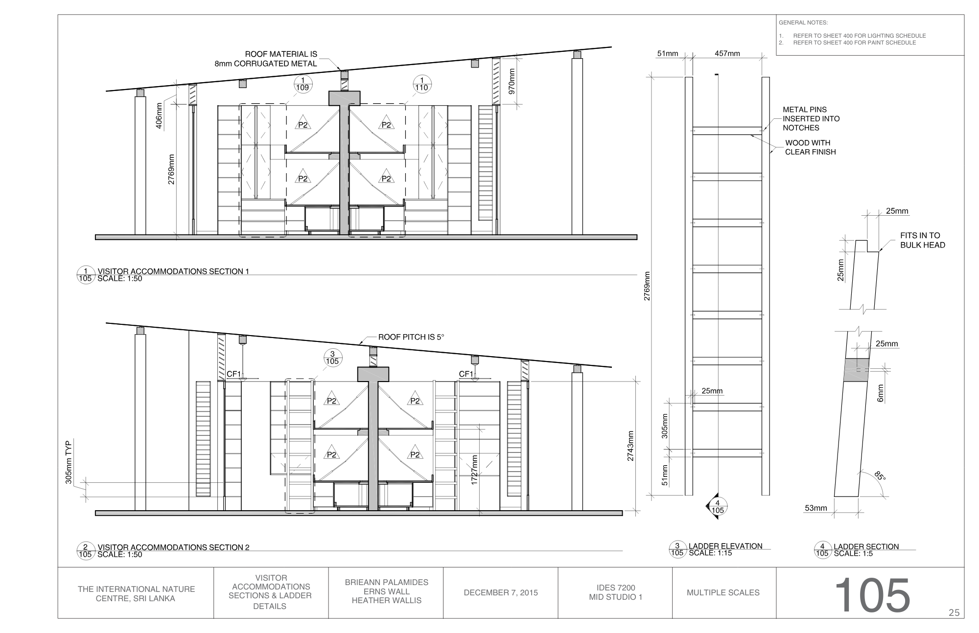 Architectural drawing of visitor accommodations and ladder details at The International Nature Centre in Sri Lanka, including section views, dimensions, and construction notes.