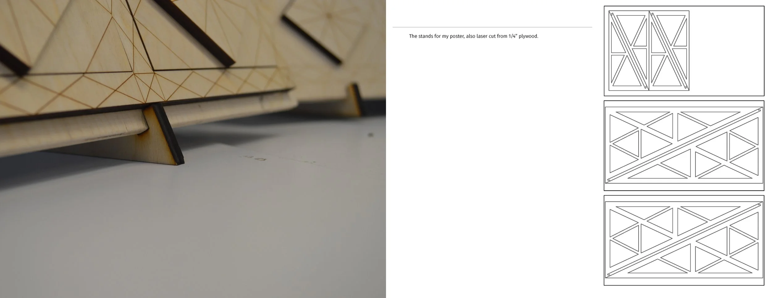 Close-up of wooden laser-cut stand for poster, with geometric patterns.