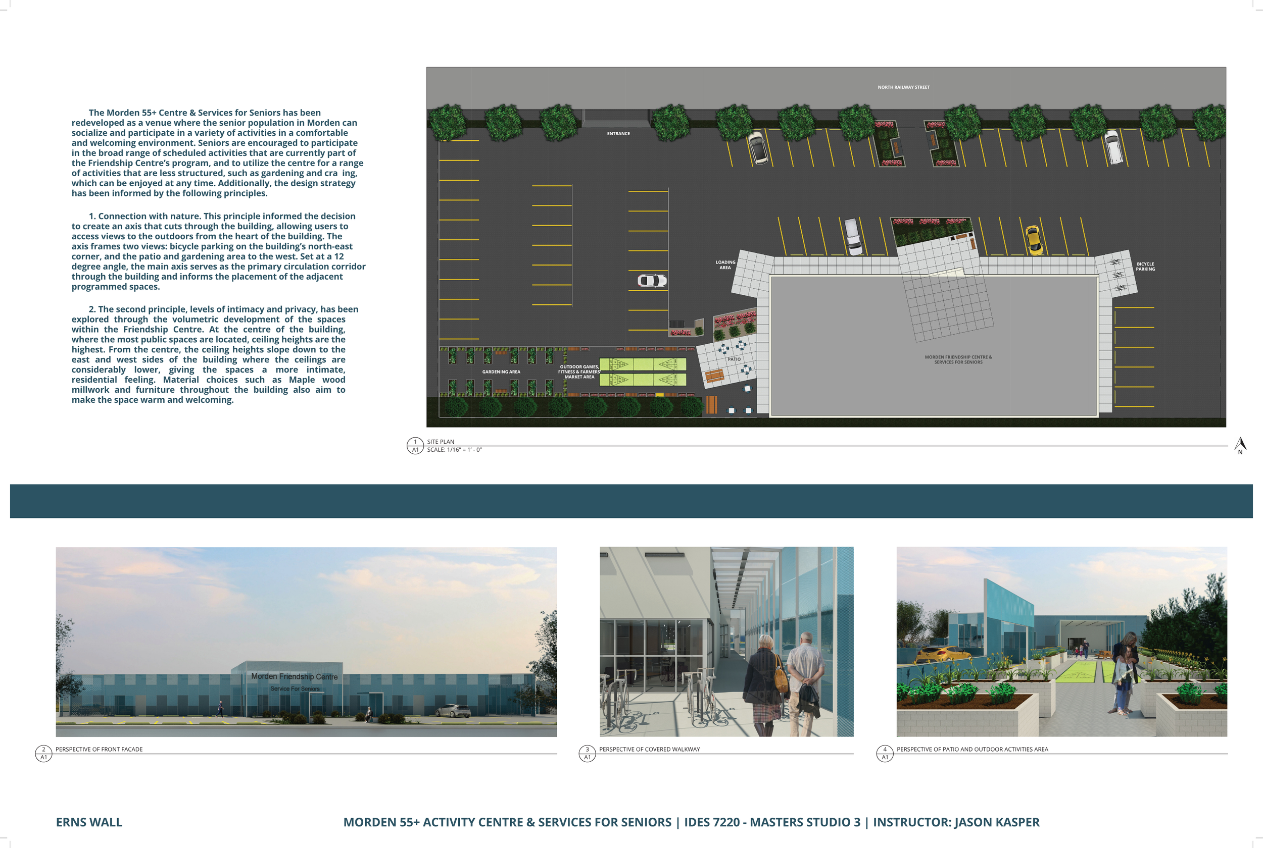 A site plan layout for the Morden 55+ Activity Centre and Services for Seniors, showing parking areas, landscaped gardens, outdoor activity zones, a loading area, bicycle parking, and entrances, with trees and design principles outlined.