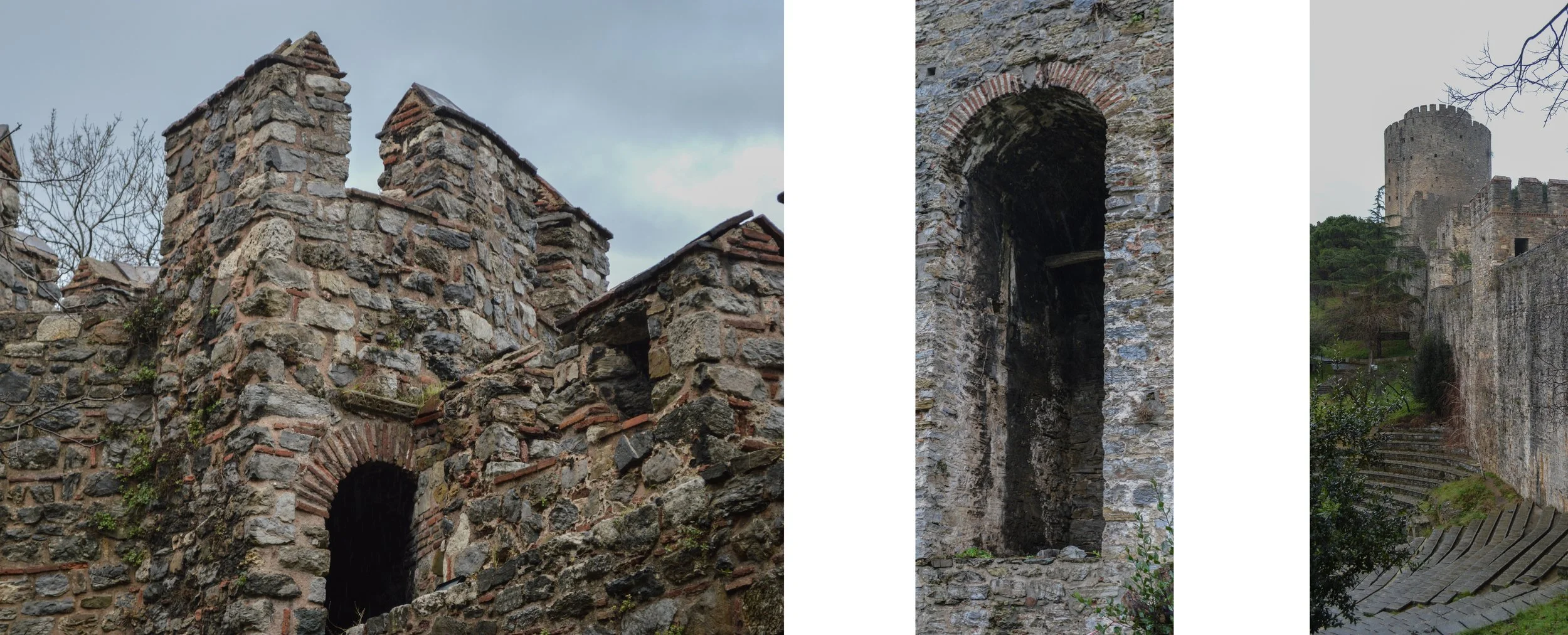 Three images of an ancient stone castle showing walls, windows, and a tower, with stone stairs and greenery around.