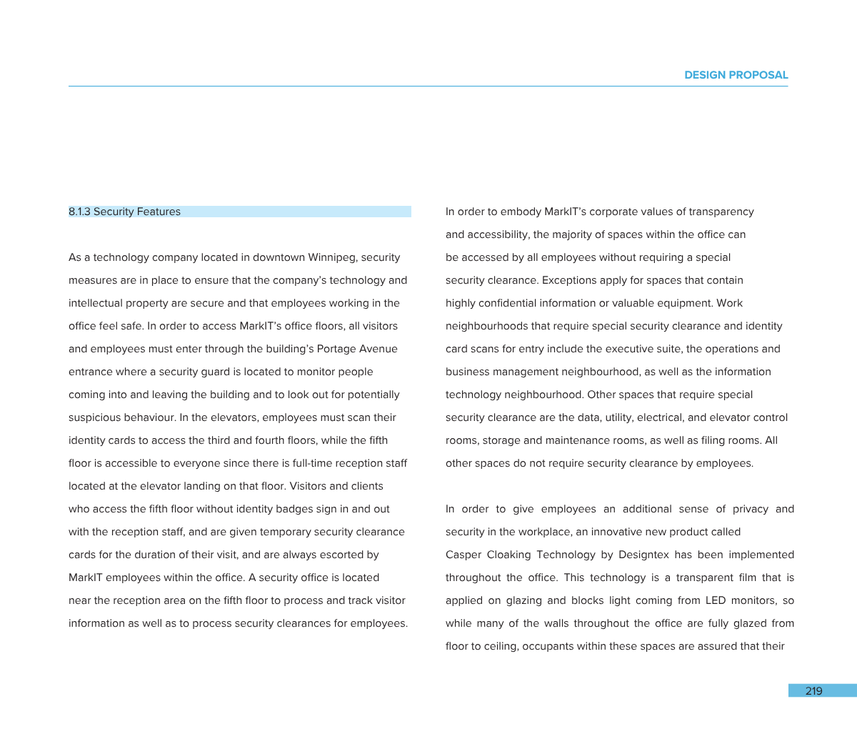 Page from a document titled 'Design Proposal' with section 8.1.3 about security features, discussing company security measures, visitor protocols, elevator access, and security technology like a transparent film called Casper Cloaking Technology.