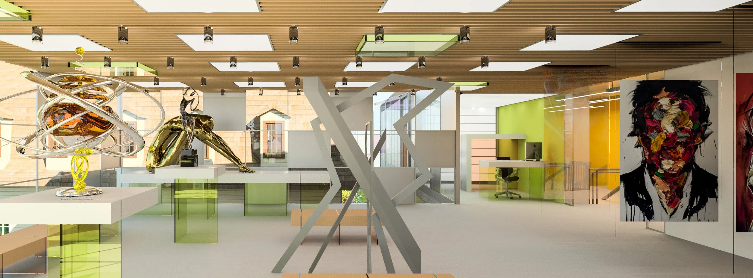 Modern art gallery interior with abstract sculptures, colorful paintings, and green accents.