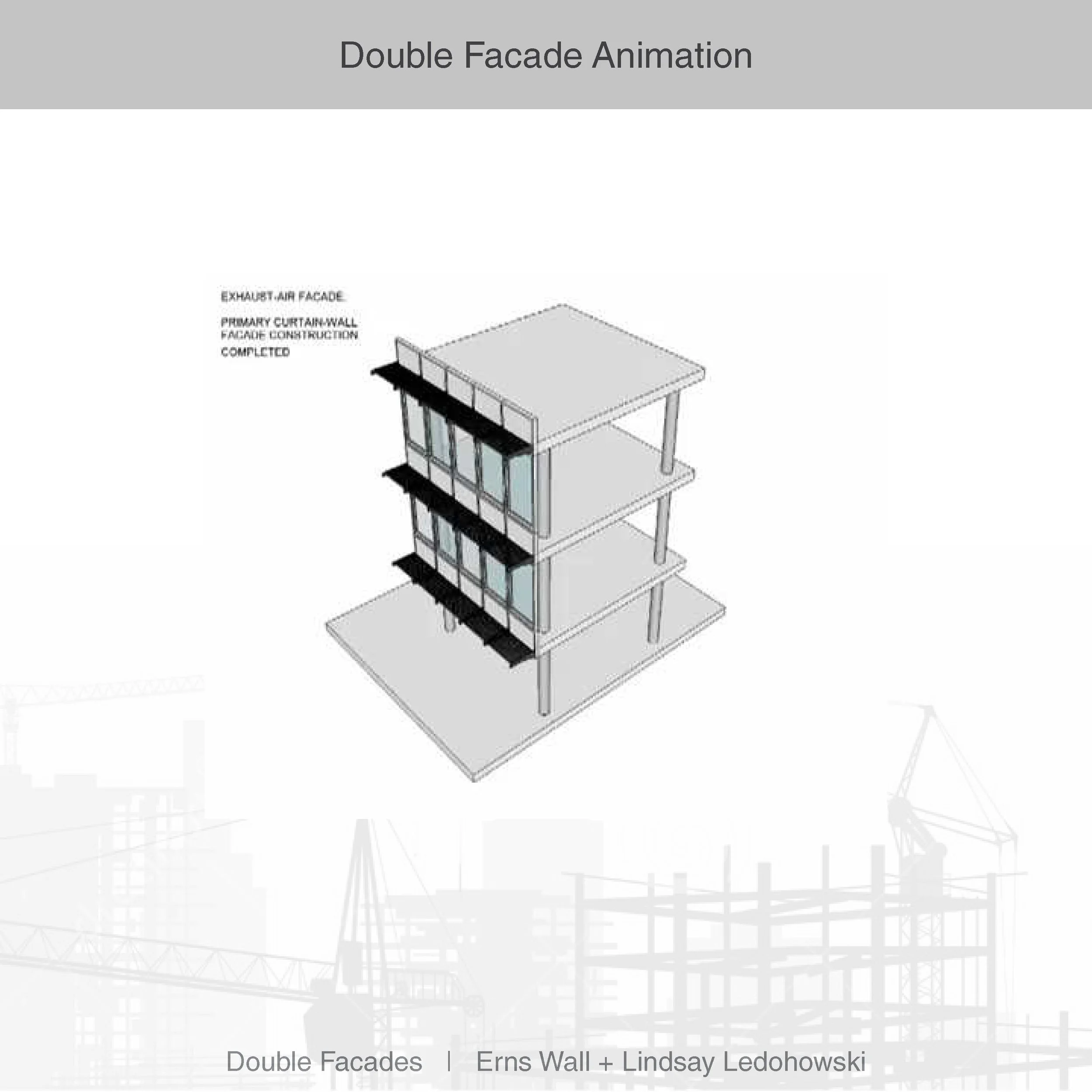 Rendering of a tall building with double facades, showing different views of the building's exterior and construction details.