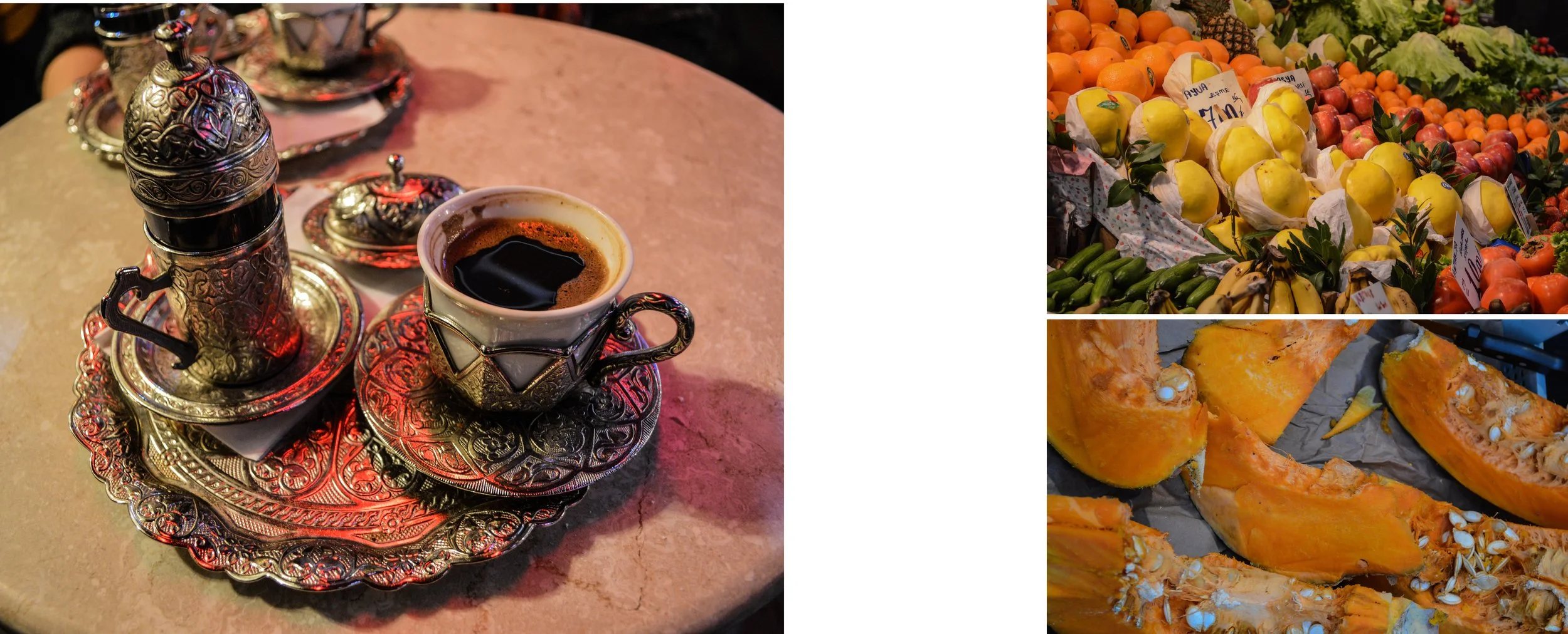 A table with traditional Arabic coffee in ornate silver cups and a small pot, surrounded by silver trays. Adjacent to the table are three sections of a market display: the top right features a variety of fruits including quinces, apples, and small gr