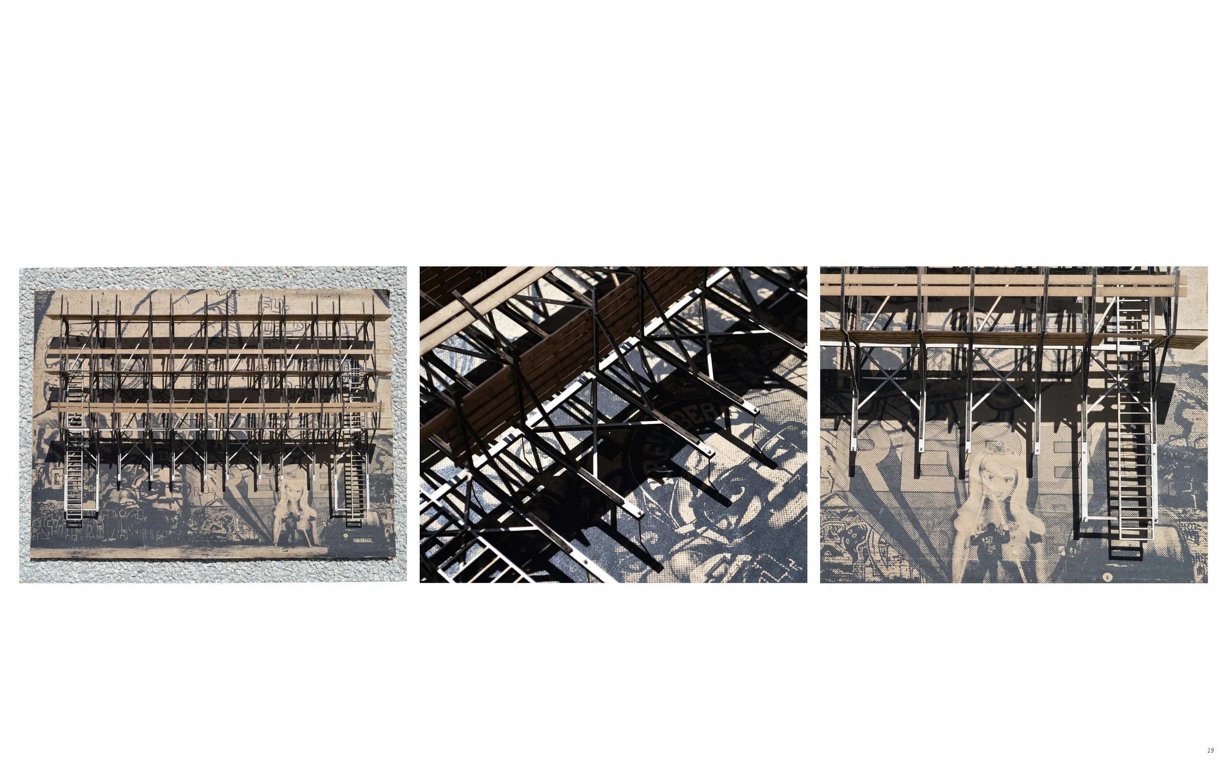 A collage of three images showing a construction scaffold and a building mural with artwork of children.