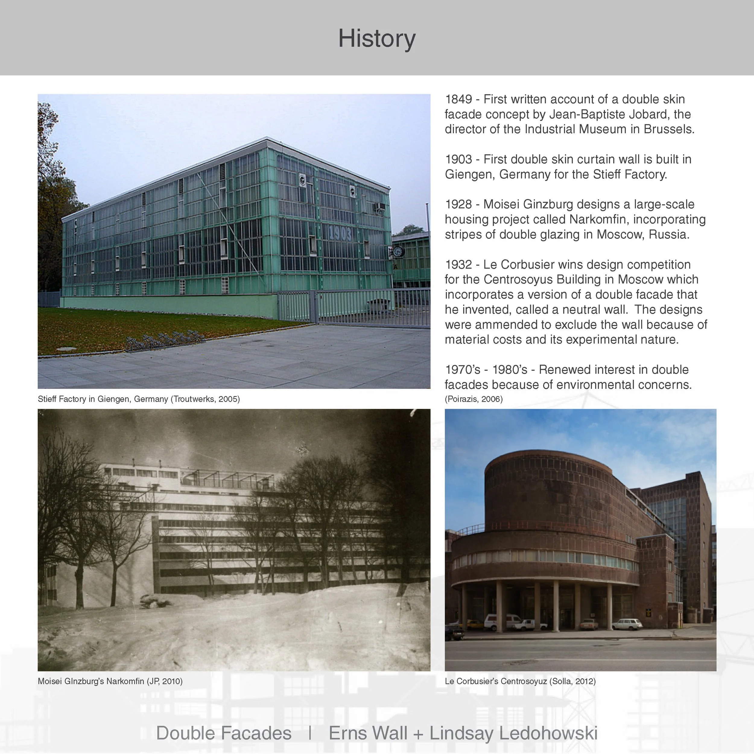 Photographs of modern buildings, with historical information about architecture in Europe and Russia, including the Steiff Factory in Germany, Giengen, and the Centrosoyuz building in Moscow.