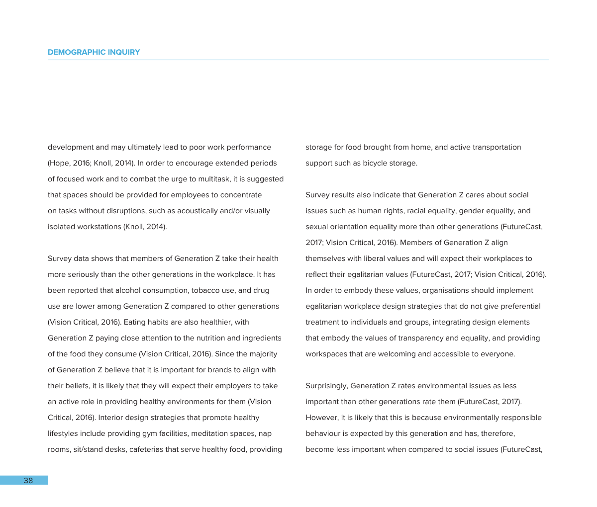 A page from a report or document titled 'DEMOGRAPHIC INQUIRY' with multiple paragraphs of text and a page number 38 at the bottom.