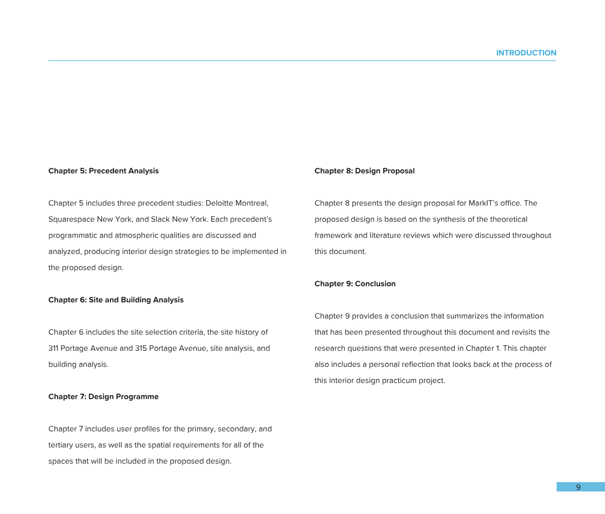 A two-page spread of an academic document or report. The left page includes sections titled "Precedent Analysis," "Site and Building Analysis," and "Design Programme" with summaries of each chapter. The right page contains sections titled "Design Pro