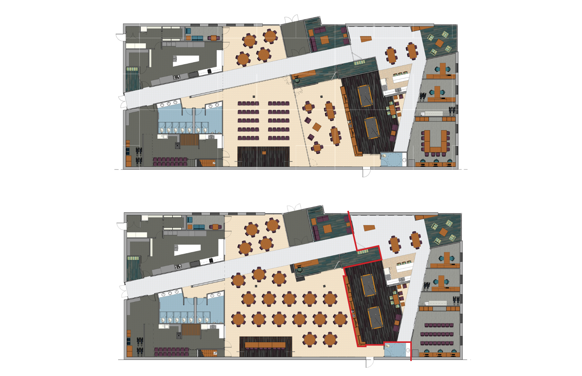 Two floor plans of a large space, showing different layouts with multiple seating areas, tables, and rooms, including restrooms, a bar, and an entry point.