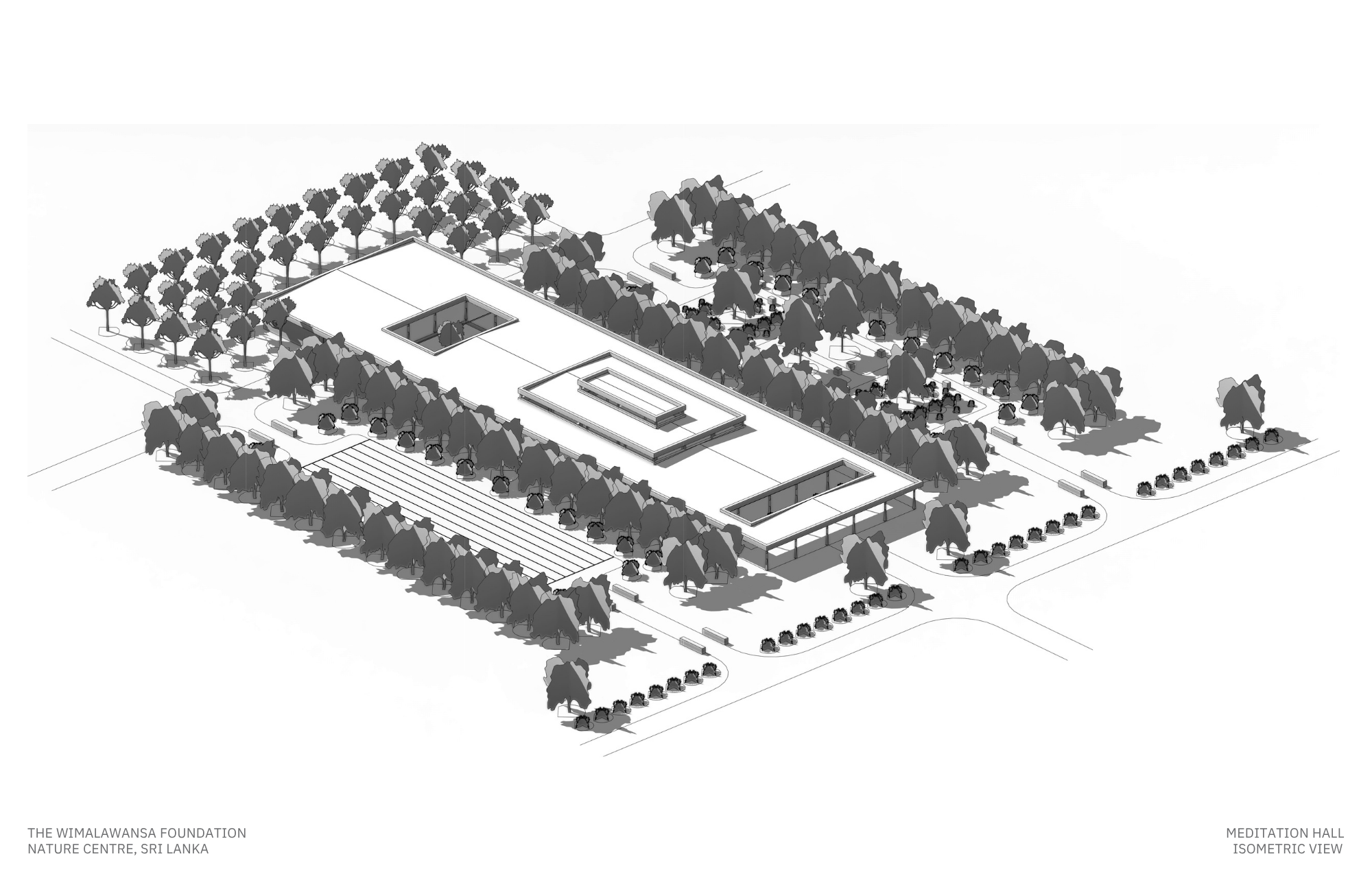 An isometric view of the Meditation Hall at the Wimalawansa Foundation Nature Centre in Sri Lanka, surrounded by trees and pathways.