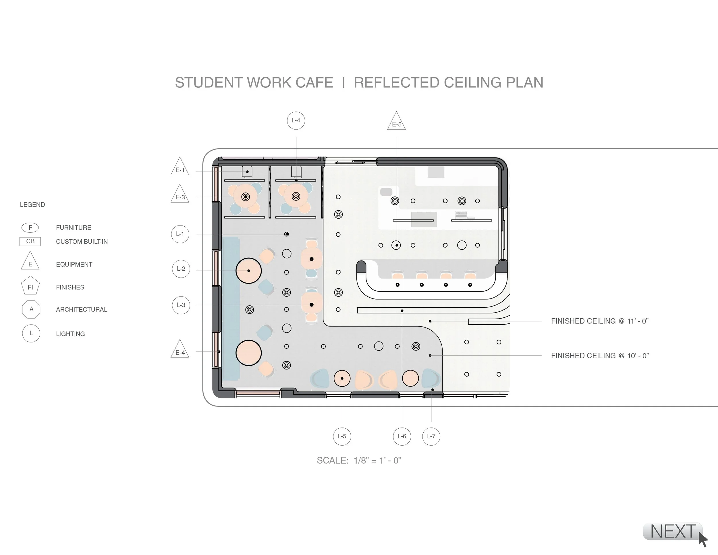 Floor plan of a student work cafe with various work areas, furniture, and ceiling details labeled.