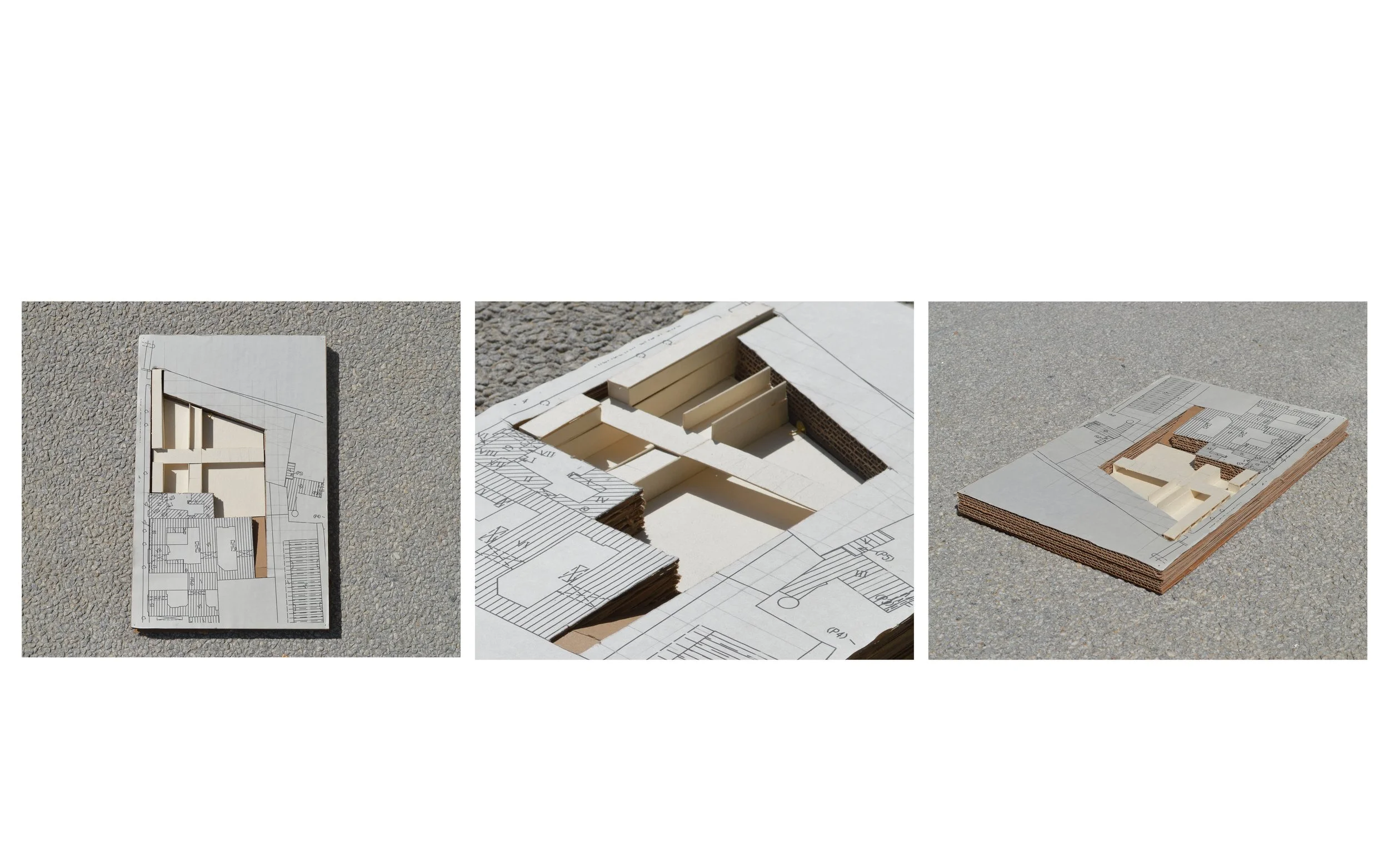 Three photos of architectural blueprints and 3D models of building structures on a concrete surface.