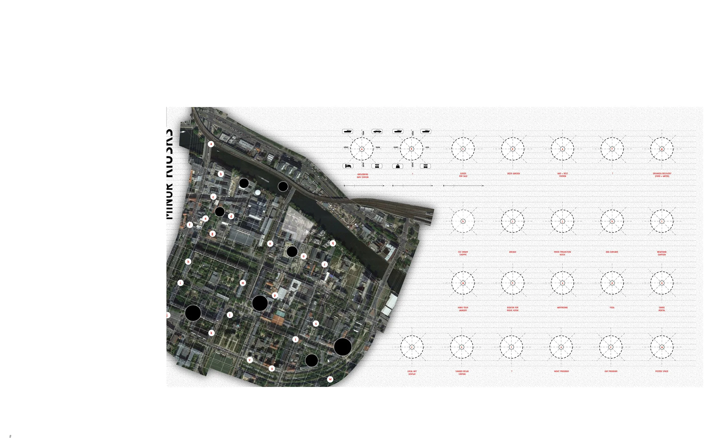 A digital map or planning layout with satellite imagery of an urban area along a river, overlaid with labeled circles and icons indicating various features and zones, such as parks, art displays, and activity areas.