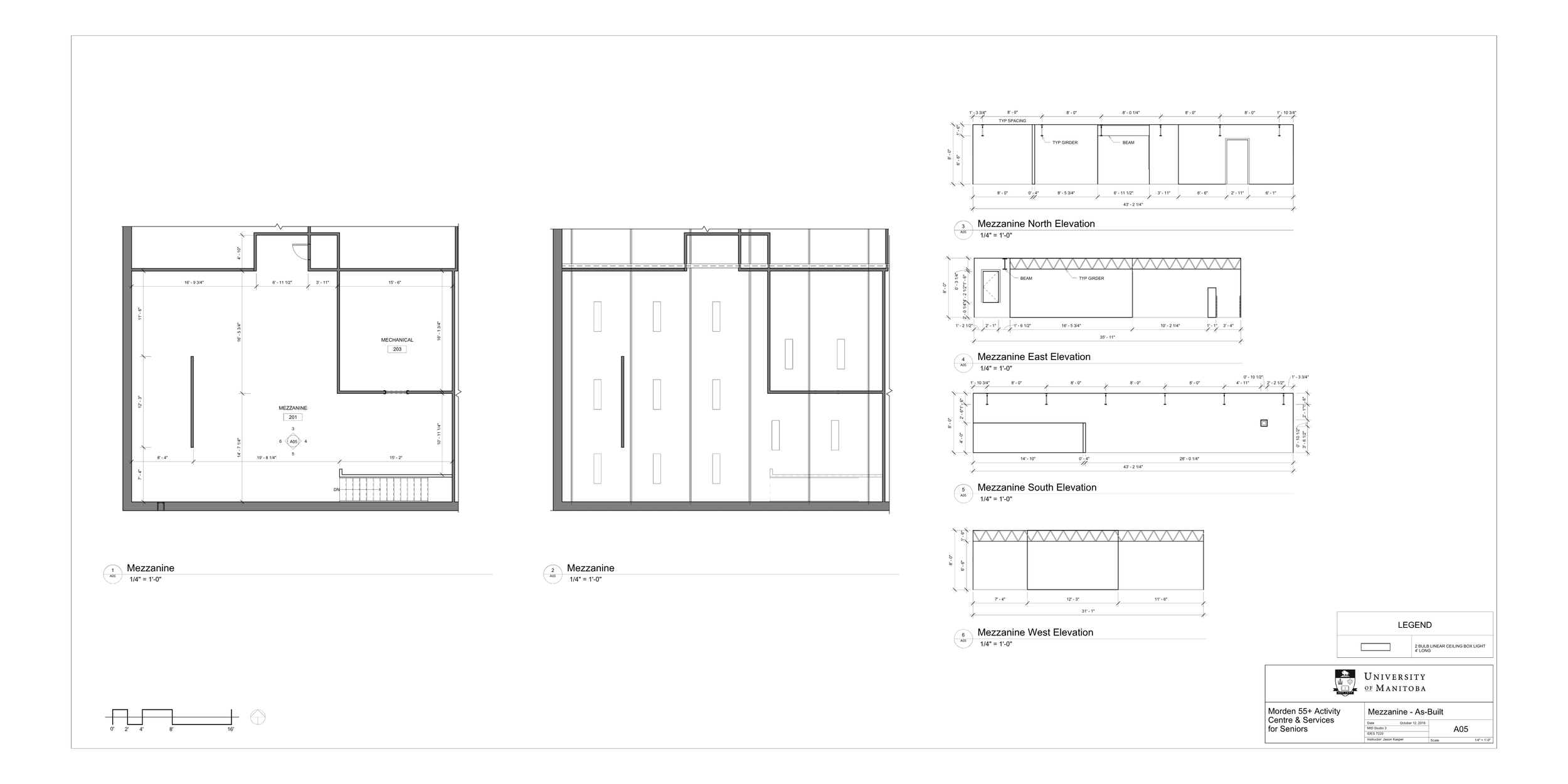 Architectural blueprint of a building's mezzanine level, showing multiple elevation views and floor plans with detailed measurements, labeled for construction analysis.