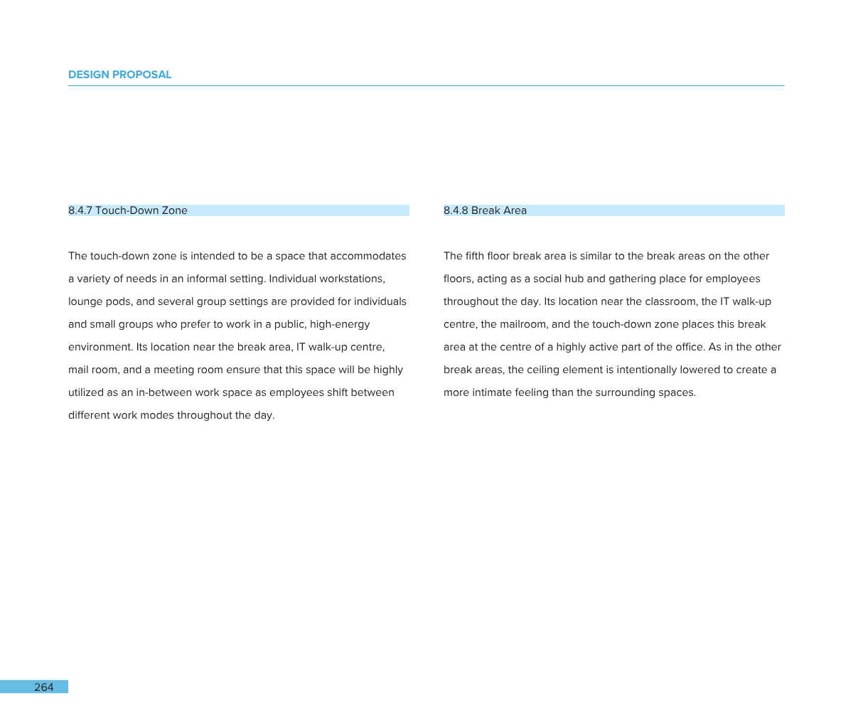 A document page with blue highlighted headings and text about design proposals, including sections on touch-down zone and break area.