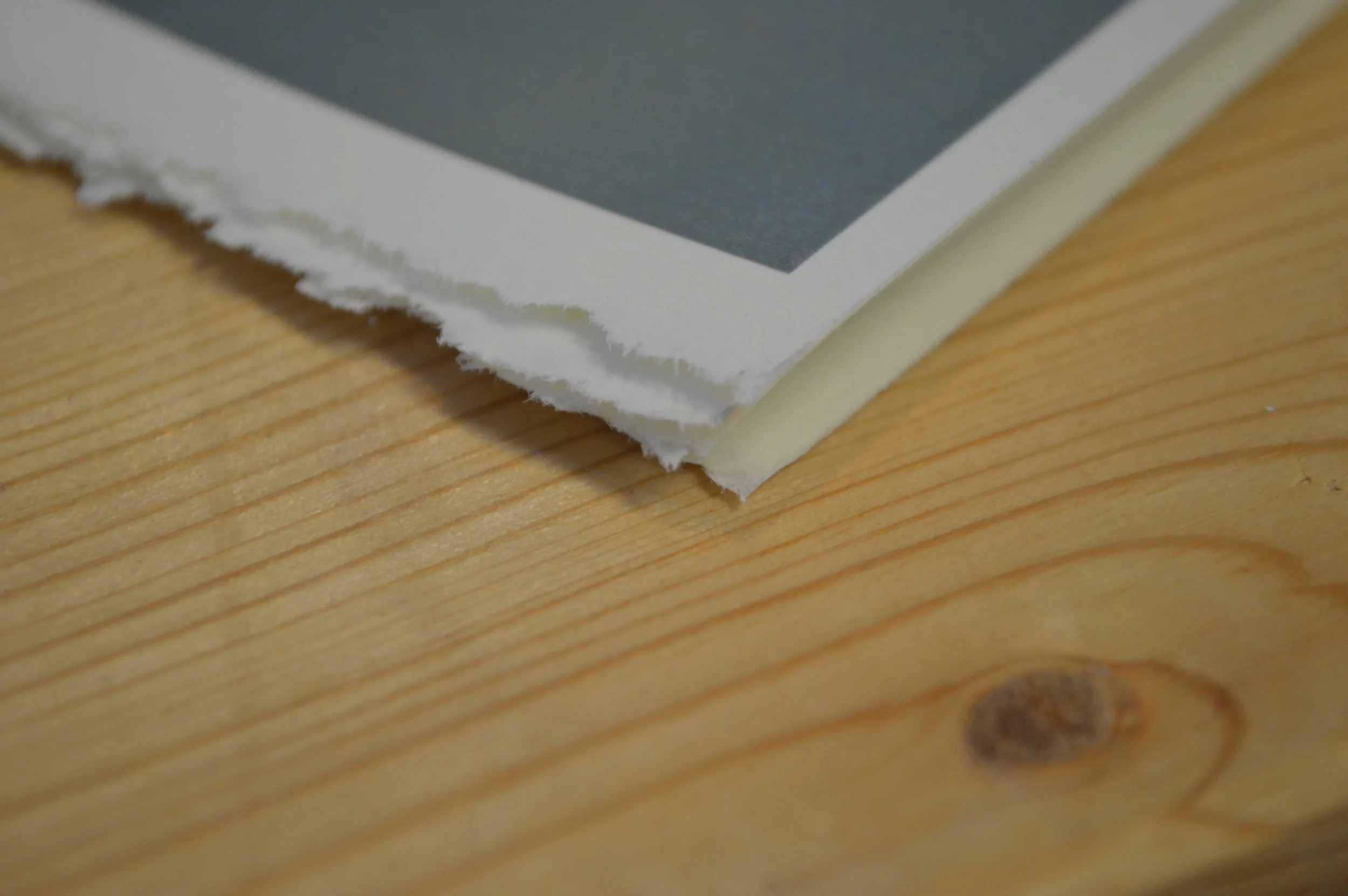Close-up of a piece of printed paper with torn edges on a wooden surface.