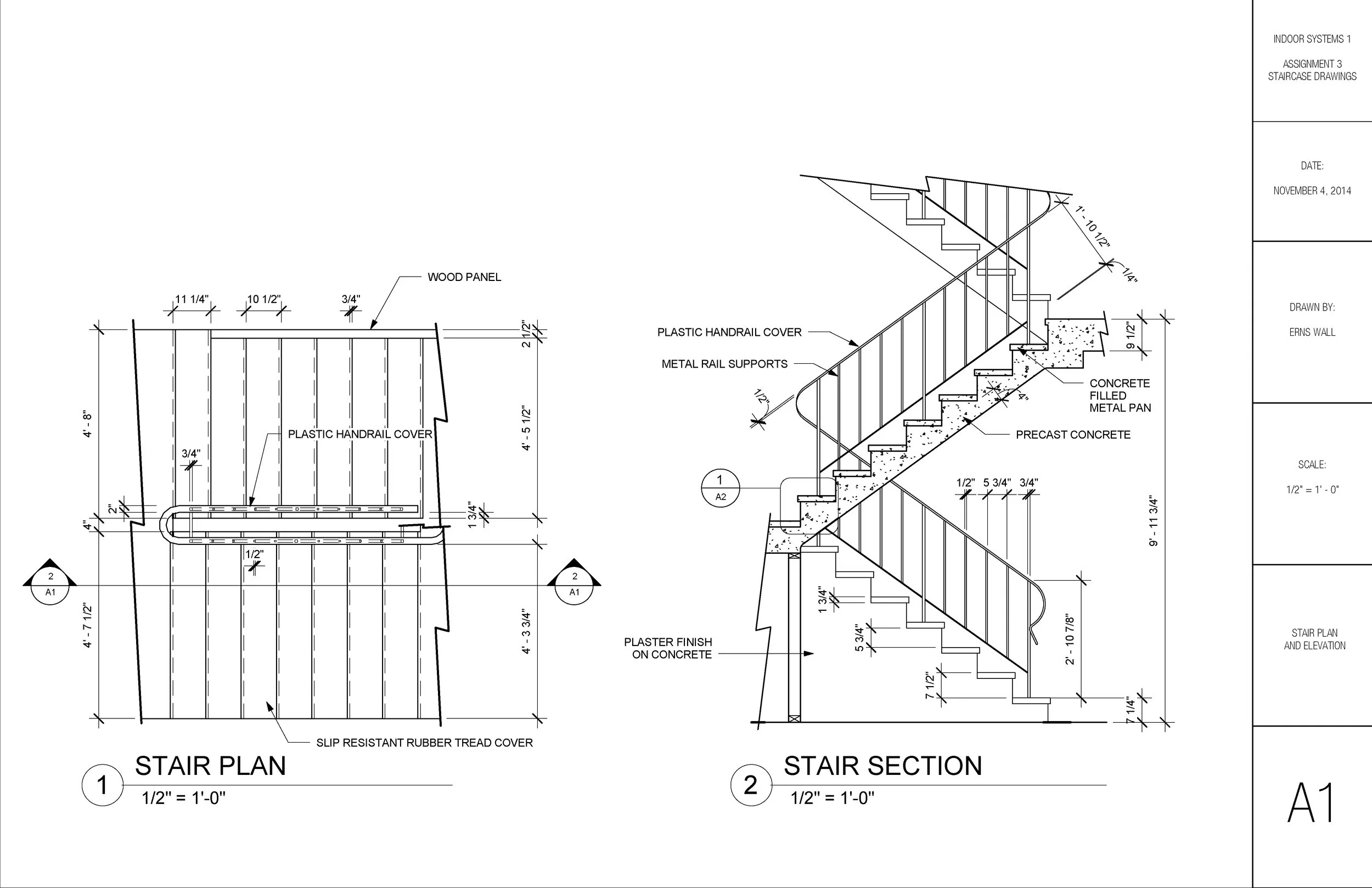 Architectural blueprint of a staircase, showing plans and elevations with detailed measurements, materials, and construction notes.