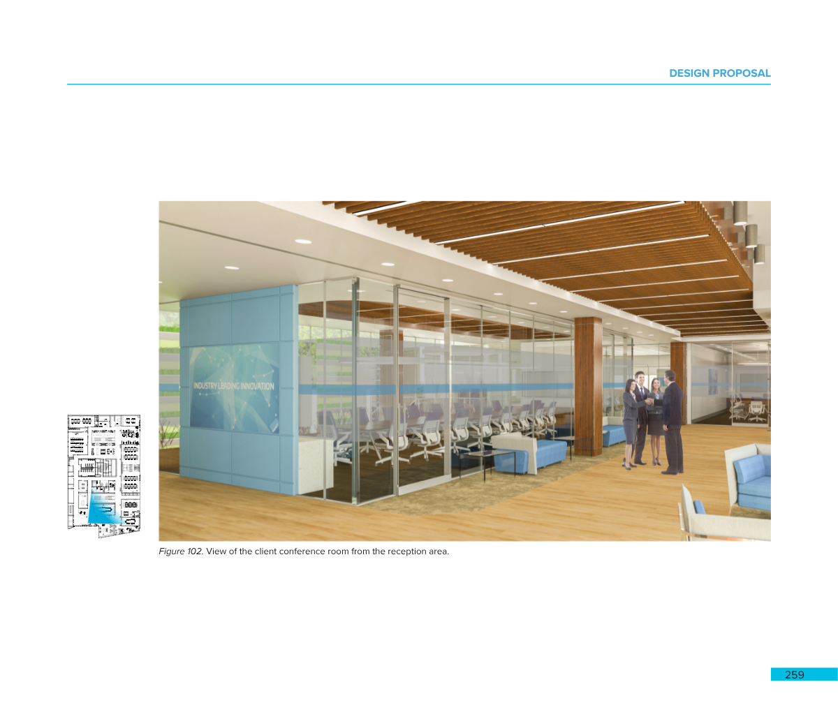 Interior view of a modern client conference room with glass walls, white chairs, blue cushions, and a wooden ceiling, with a group of four people in business attire standing and talking.