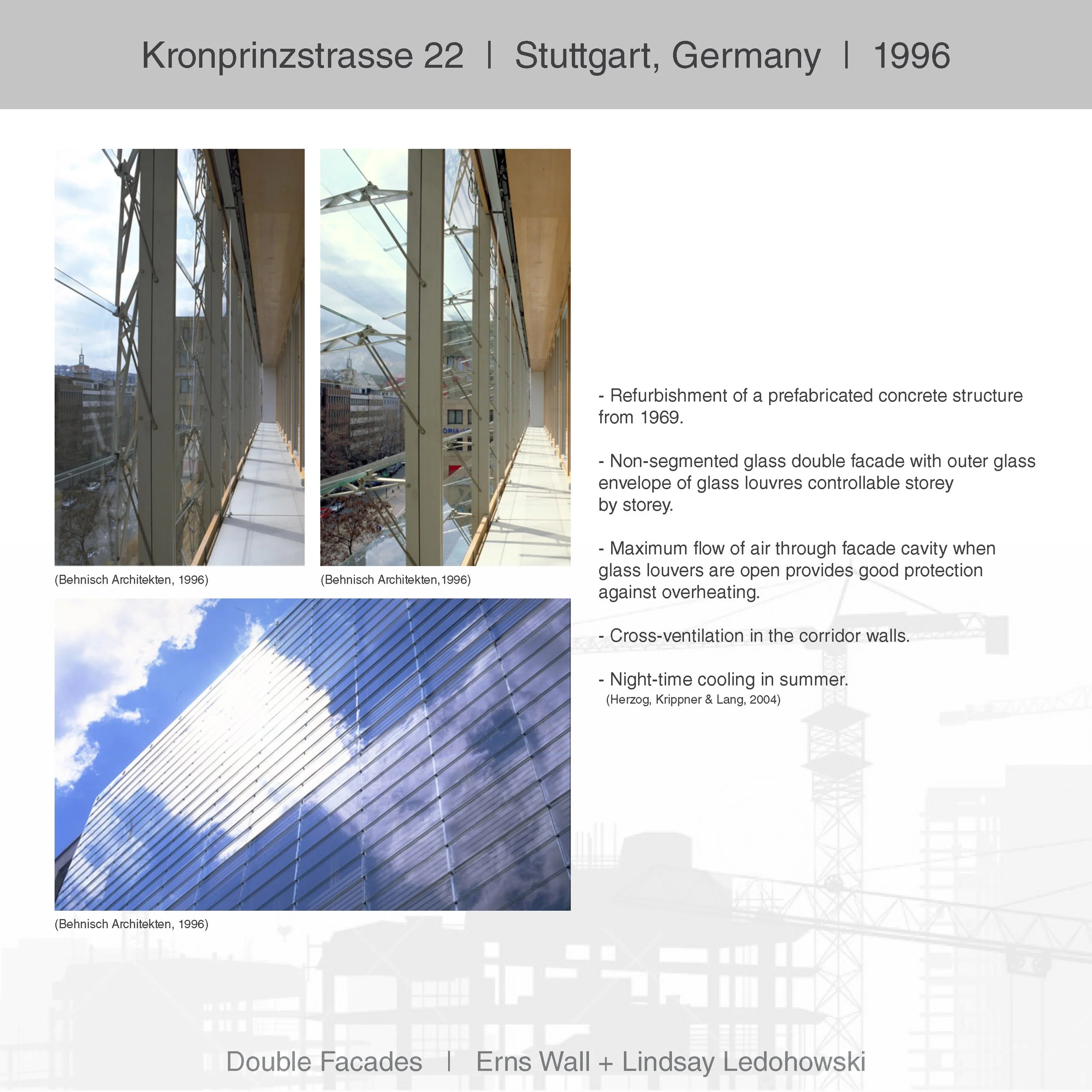 Two photos showing modern glass buildings with metal framework, looking up at the sky, with city skylines in the background.