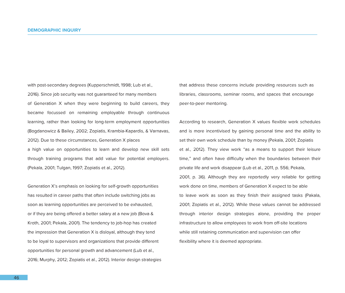 An open book page with the header 'DEMOGRAPHIC INQUIRY' in blue, filled with text discussing Generation X's career perspectives, job security, self-growth, and work-life balance. The page number 46 is in the bottom left corner.