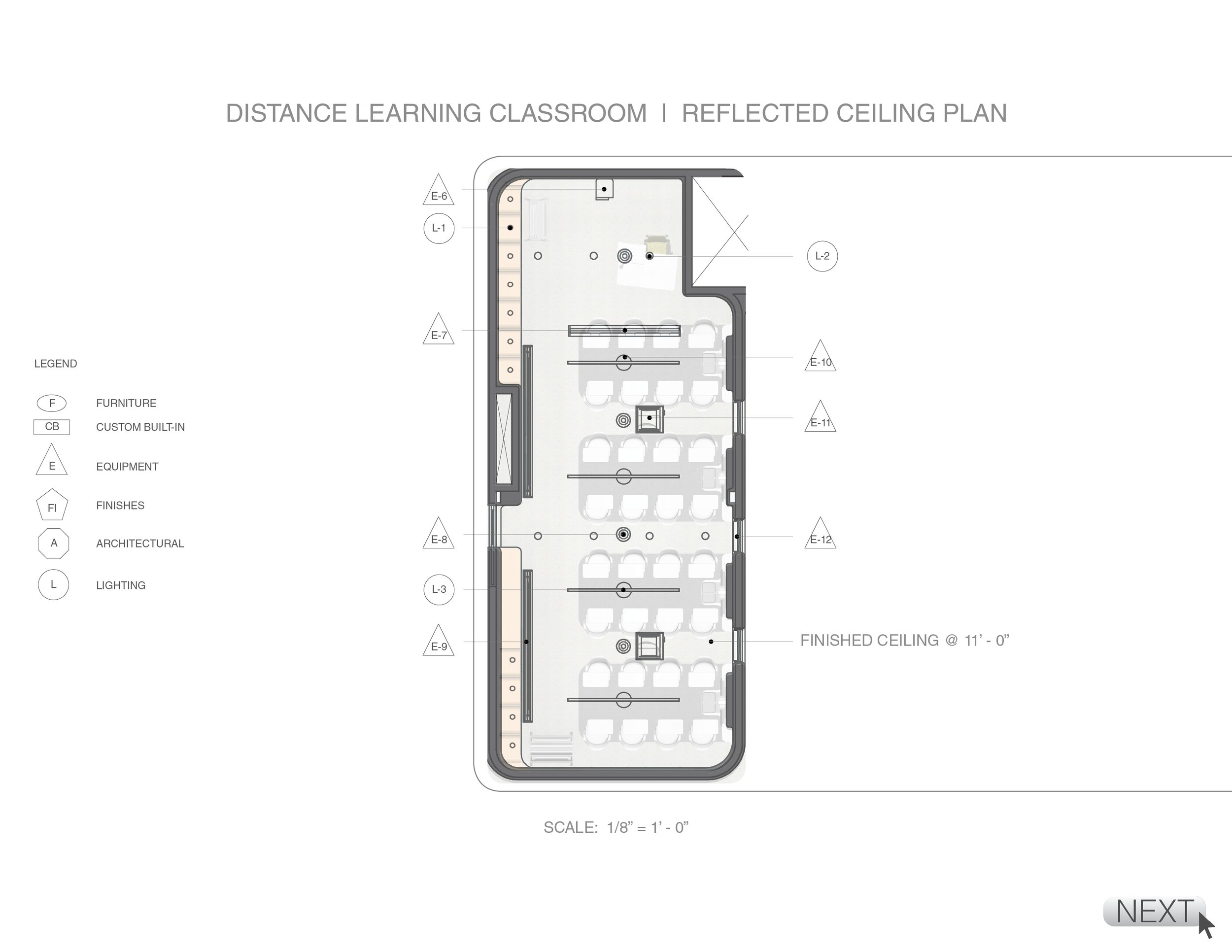 Floor plan of a distance learning classroom with a reflected ceiling plan, showing furniture, equipment, and lighting fixtures with labels.