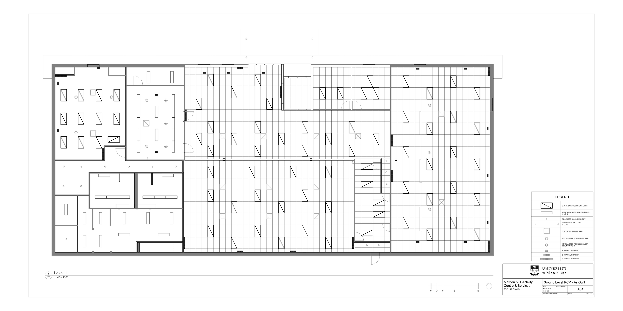 Architectural floor plan of a modern activity center and services building for seniors at the University of Manitoba, showing various rooms and lighting fixtures.