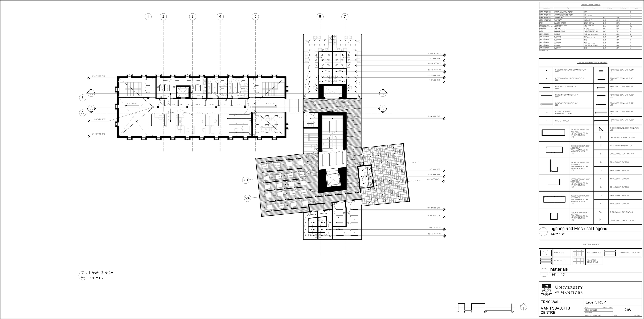 Architectural blueprint of a building's third level with detailed layout of rooms, lighting, and electrical systems, including a legend and materials list.