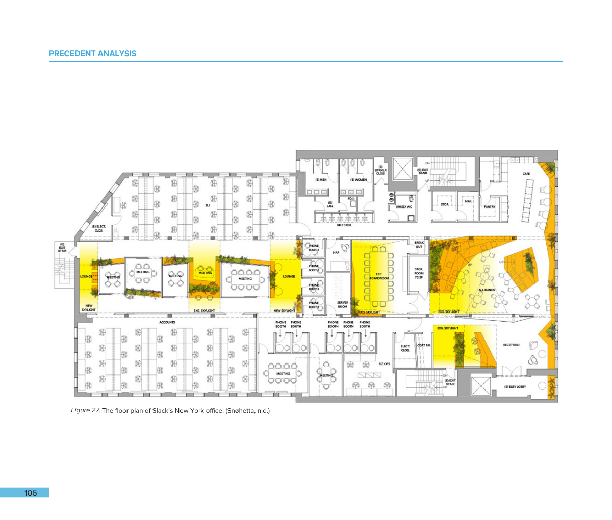 Floor plan of Slack's New York office, showing workspaces, meeting rooms, lounge areas, and highlight sections in yellow and orange.