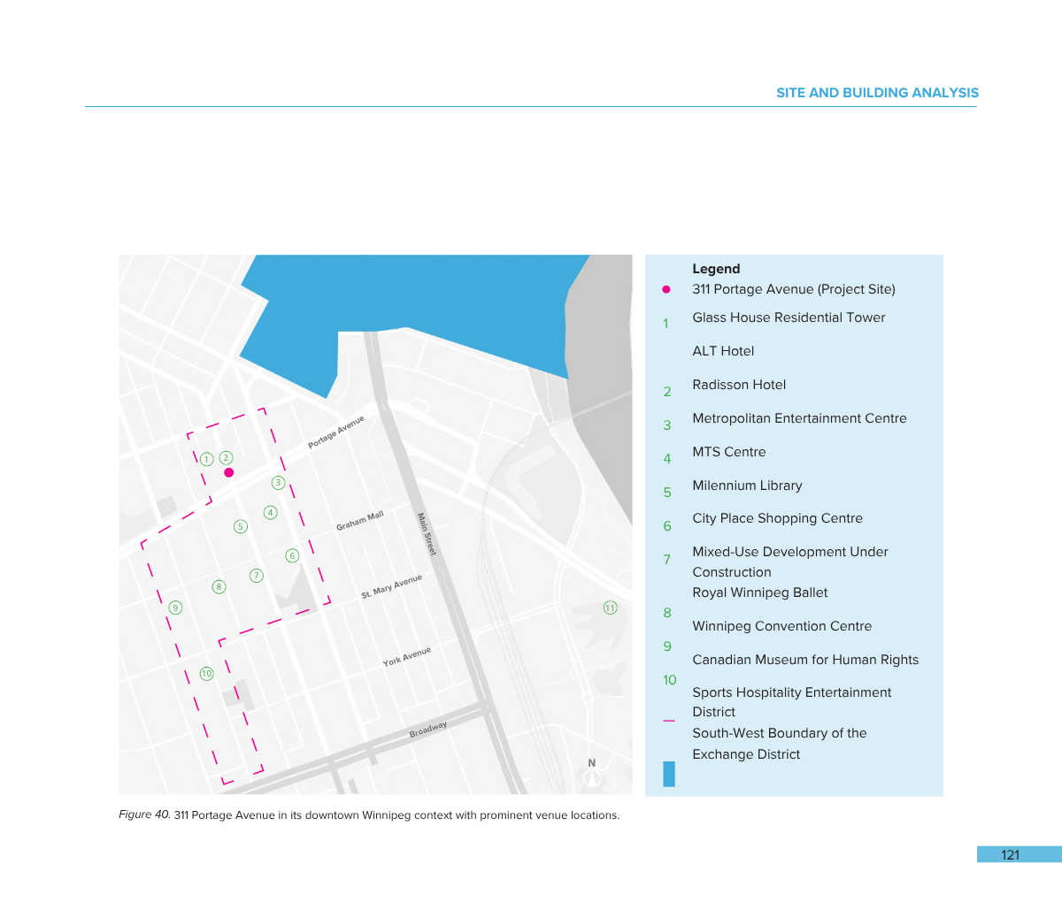 Map of the area around 311 Portage Avenue in downtown Winnipeg, showing locations of hotels, entertainment centers, shopping, and development zones with a legend and boundary indicators.