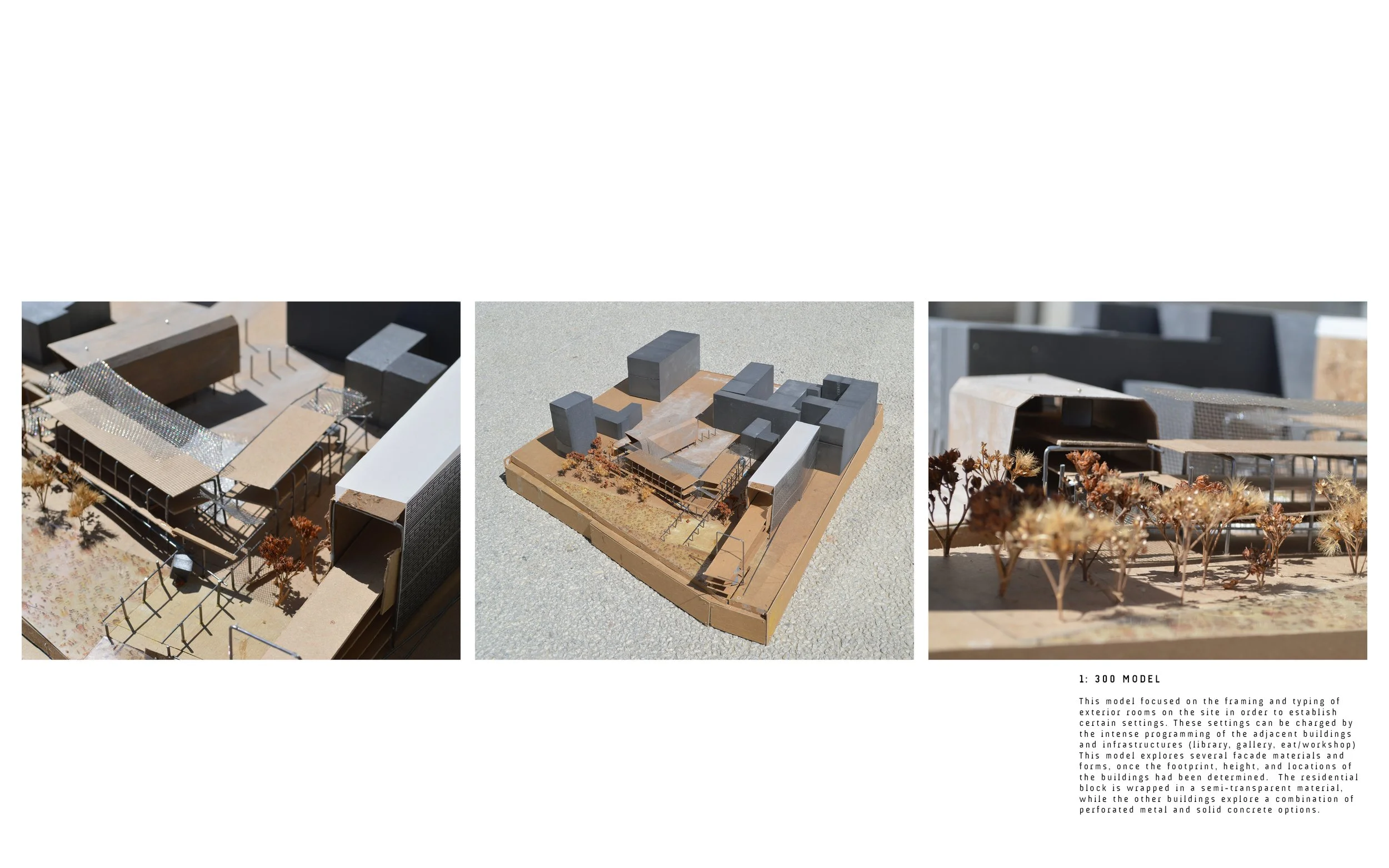 Three images of architectural models showing various building exteriors, with trees and landscaping elements, along with descriptive text explaining the models' focus on facade materials, forms, and design settings.
