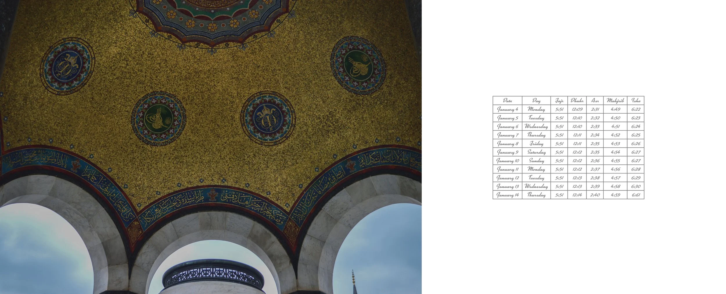 Decorative ceiling with intricate patterns and medallions, featuring gold, blue, and red colors, with arched openings at the bottom showing the sky.