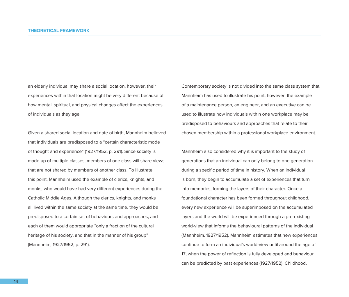 Pages from an academic book or paper with the title 'Theoretical Framework', containing text about social location, age, and society, with page number 14 at the bottom.