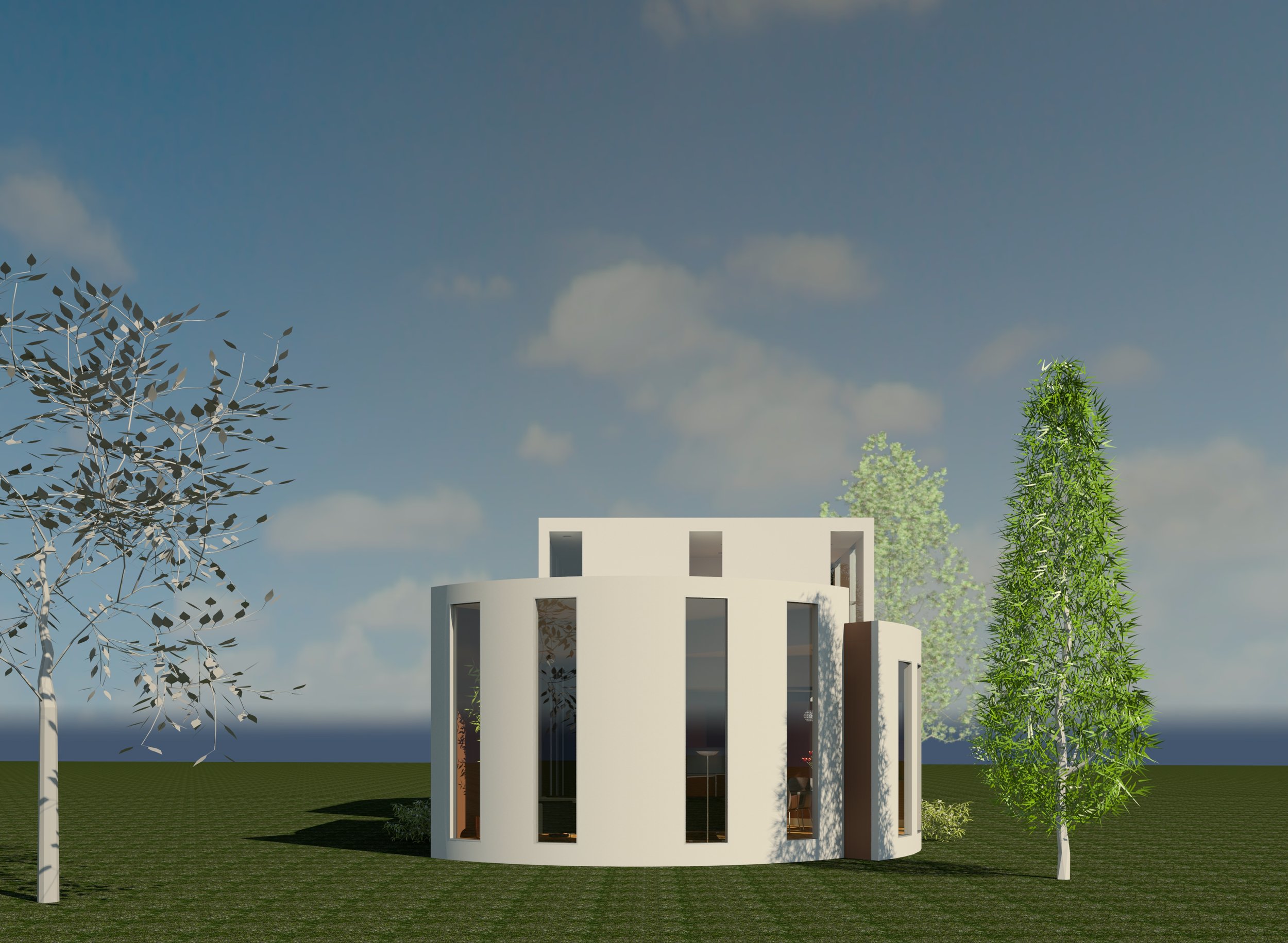 A modern white multi-story house with large vertical windows, surrounded by green trees, under a partly cloudy blue sky.