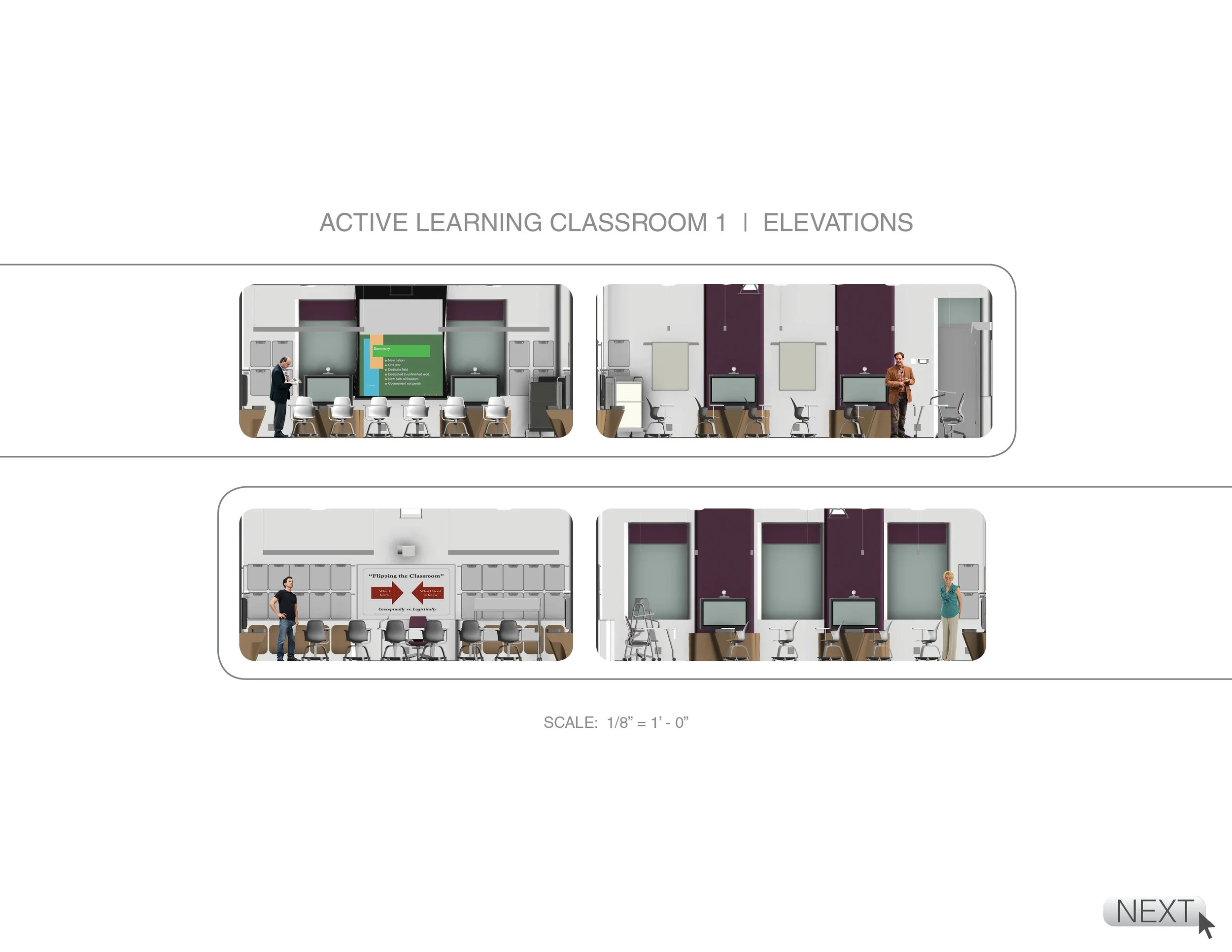 Digital architectural design of a classroom interior with two separate rooms, including furniture, screens, and people, labeled 'Active Learning Classroom 1 | Elevations'.