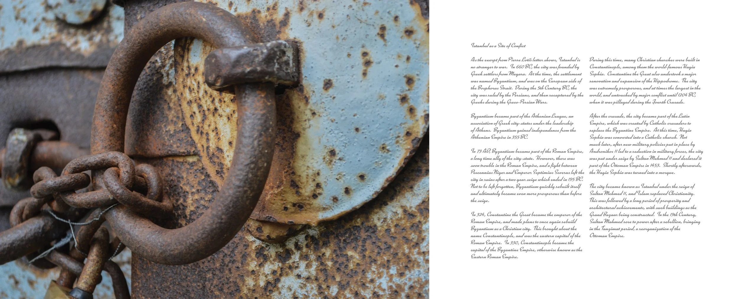 Close-up of a rusty metal latch and chain on a weathered, rusted surface, with a background of text about the history of Istanbul.