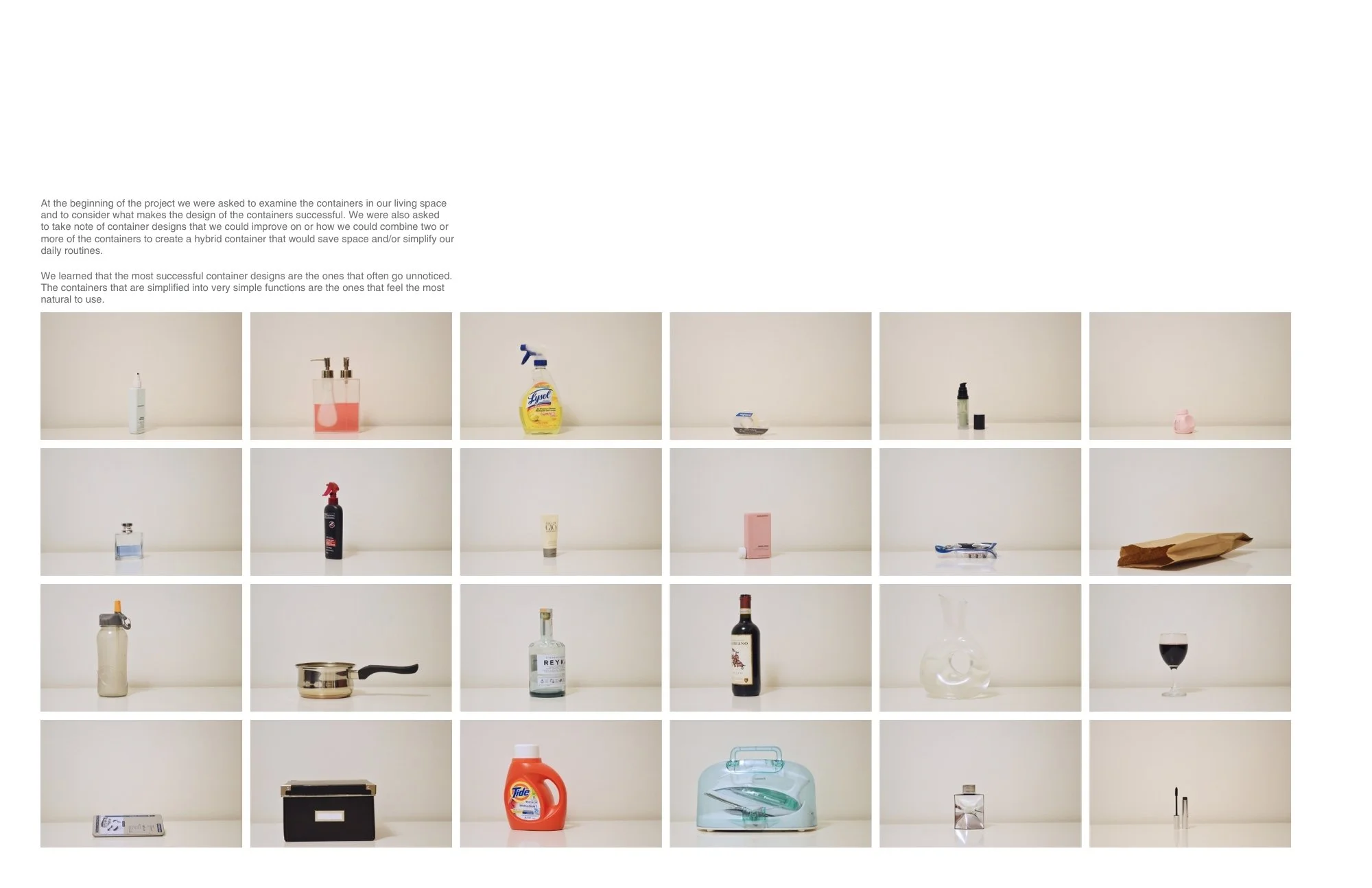 At the beginning of the project we were asked to examine the containers in our living space and to consider what makes the design of the containers successful. We were also asked to take note of container designs that we could improve on or how we co