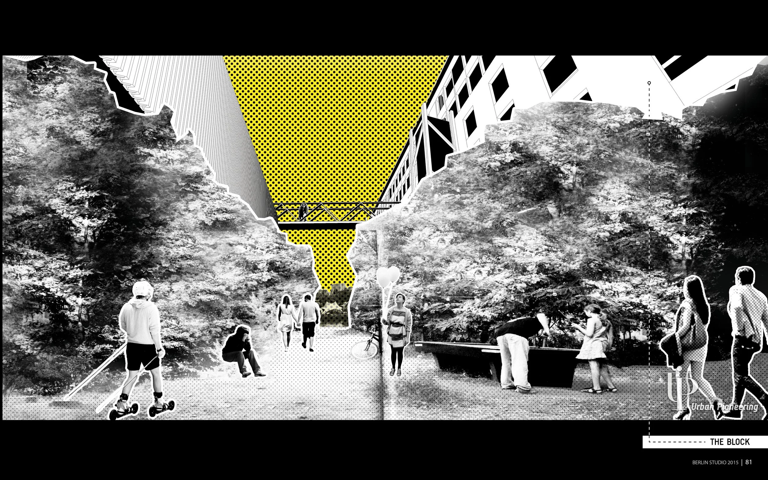 A public park with people walking, skateboarding, and sitting on benches, surrounded by trees and distant buildings, with a large, geometrically designed yellow block in the sky and the text "The Block" and "Urban Pioneering" at the bottom right.