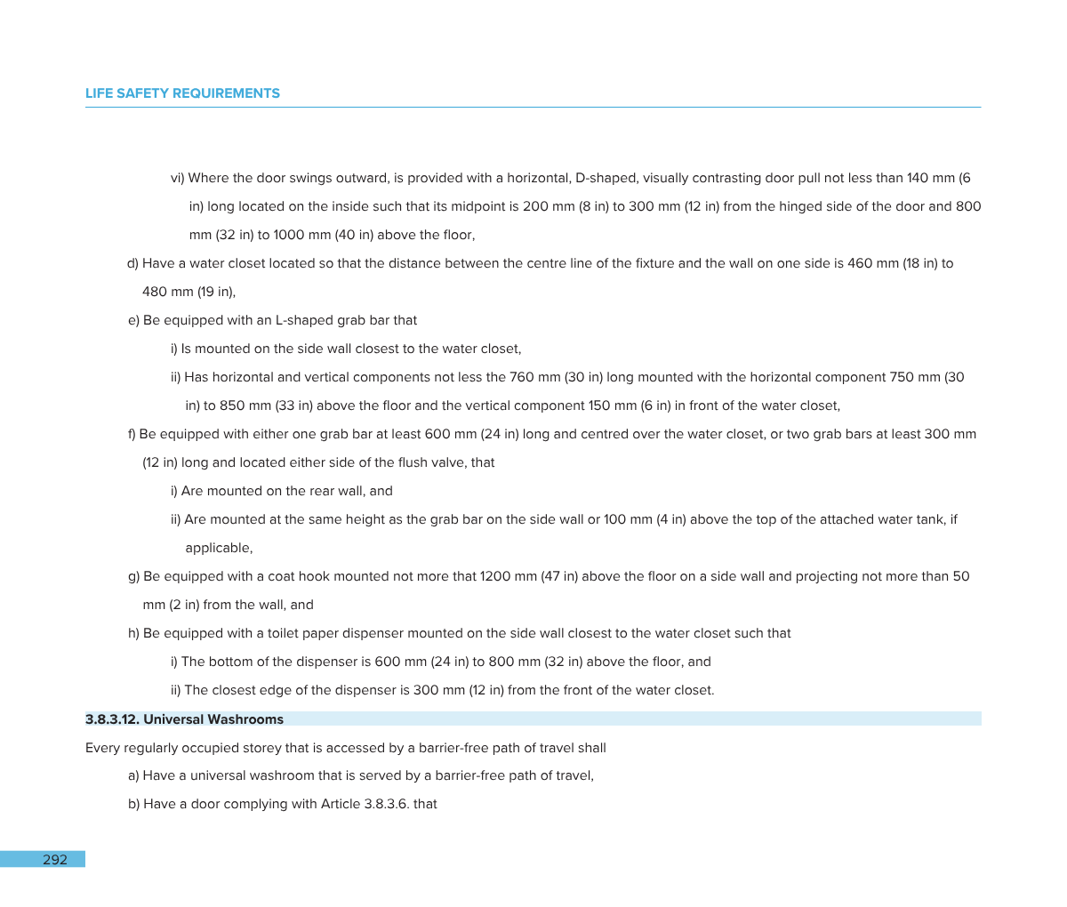 A digital document page with the title 'LIFE SAFETY REQUIREMENTS'. The page contains detailed technical specifications for door swing mechanisms, water closet installations, grab bars, and toilet paper dispensers, all related to building safety stand