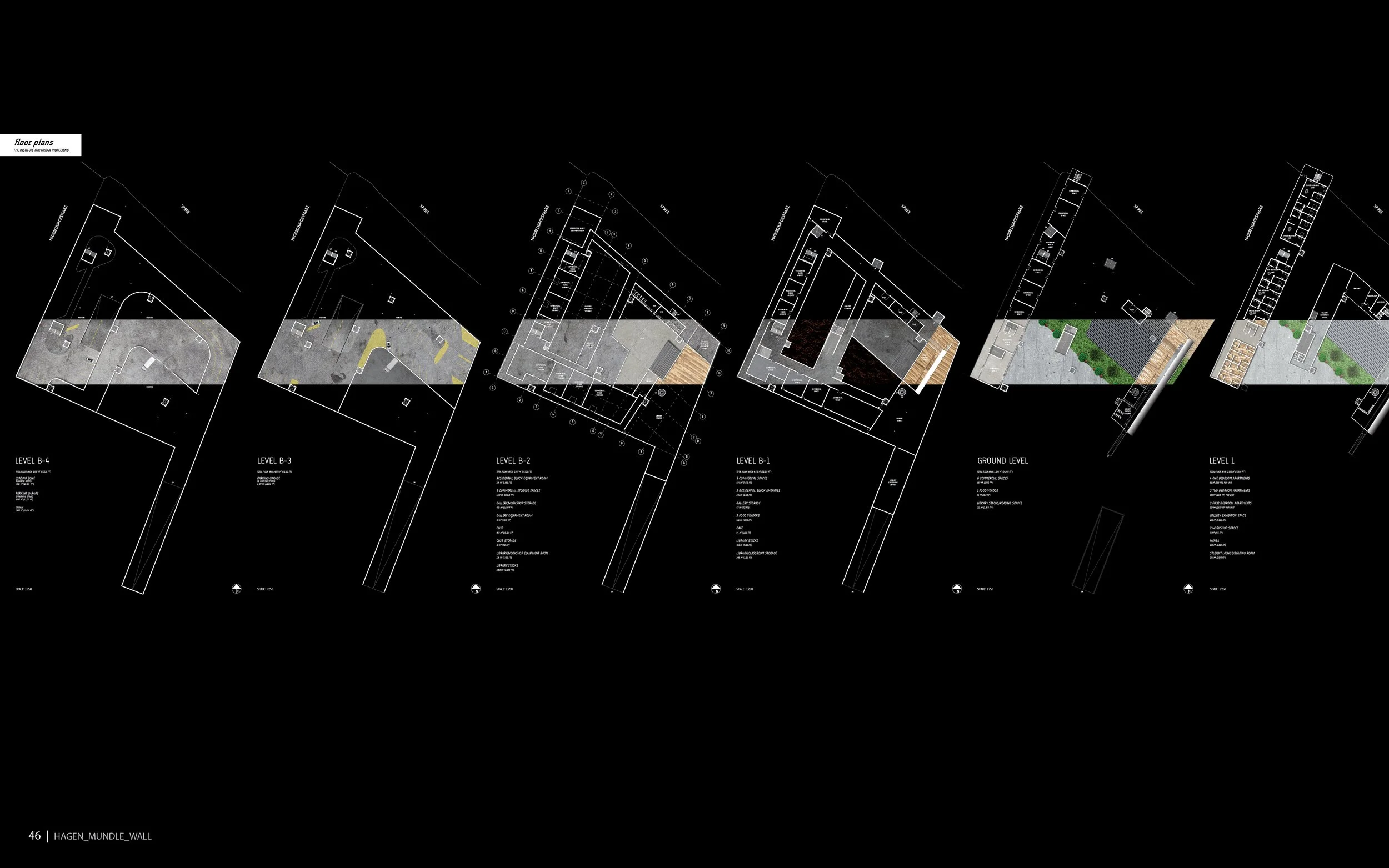 Architectural blueprint drawings of multiple building levels, including floor plans and landscape designs, labeled with names and measurements, on a black background.