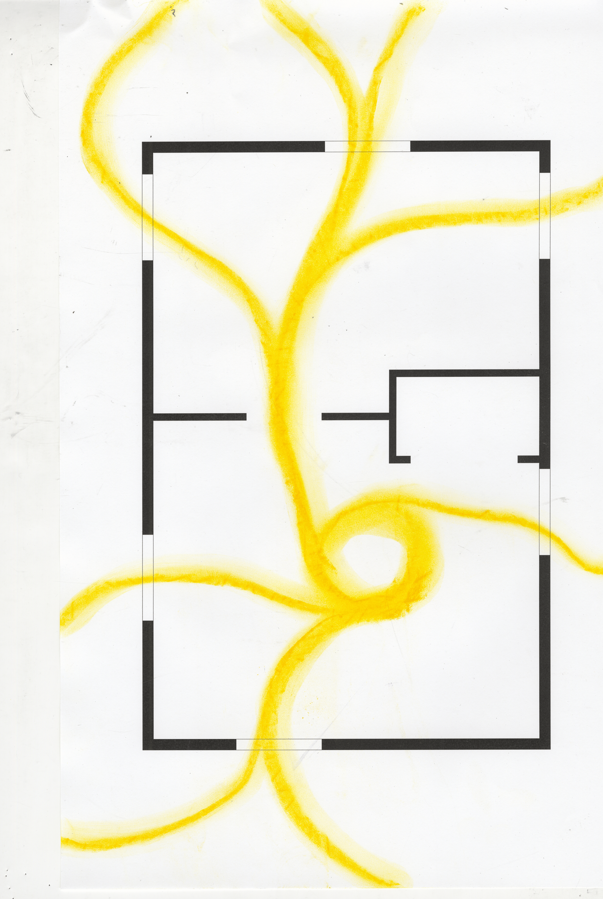 Yellow crayon drawing of a heart and a swirl on white paper, with a black and white geometric border overlay.