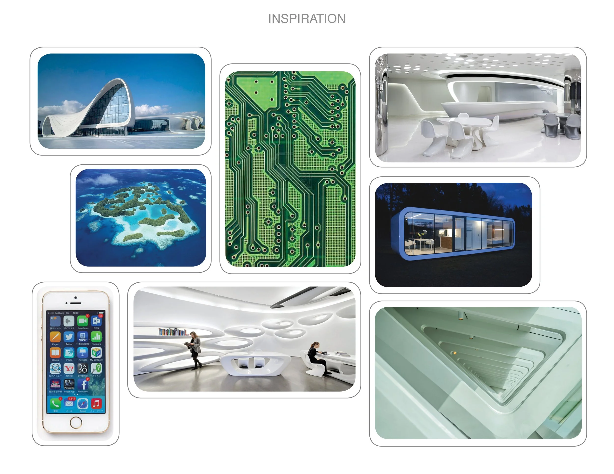 Collage of futuristic architecture, technology, and interior design images including a modern building, circuit board, sci-fi interior, island with waterways, smartphone screen, and a window in a sleek building.